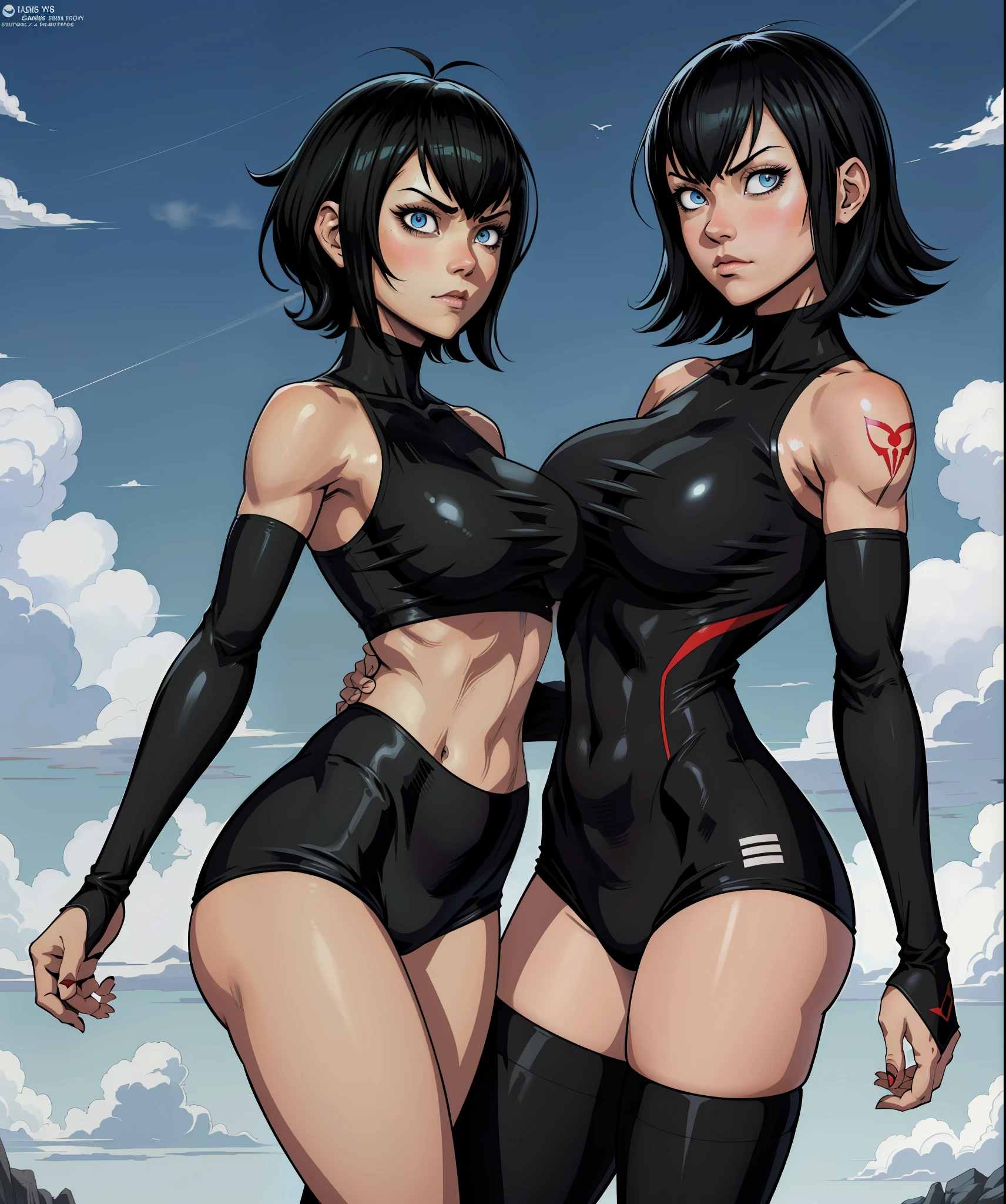 1girl, light skinned, Yusuke Murata style art, girl alone, short hair, black hair, blue eyes, anime girl with tattoos posing in a black outfit, digital anime art, sexy anime girl, female anime girl, anime art, muscular!, big oppai, Ilya Kuvshinov, badass anime 8k, anime art, cuberpunk hair, sexy outfit,  exercise clothes, very attractive, sensual,