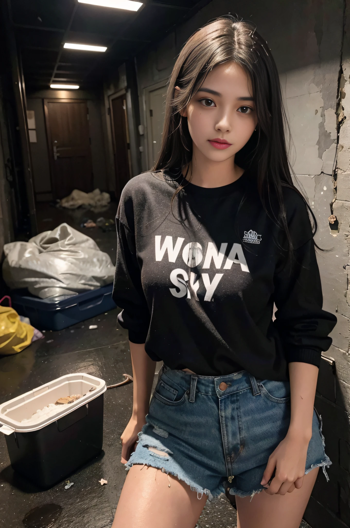 Create an image of a woman around 20 years old with dark hair and dark eyes. She is in a pitch-dark basement, dressed in soot-stained clothes. The surrounding area is littered with garbage and filth. The floor is wet.