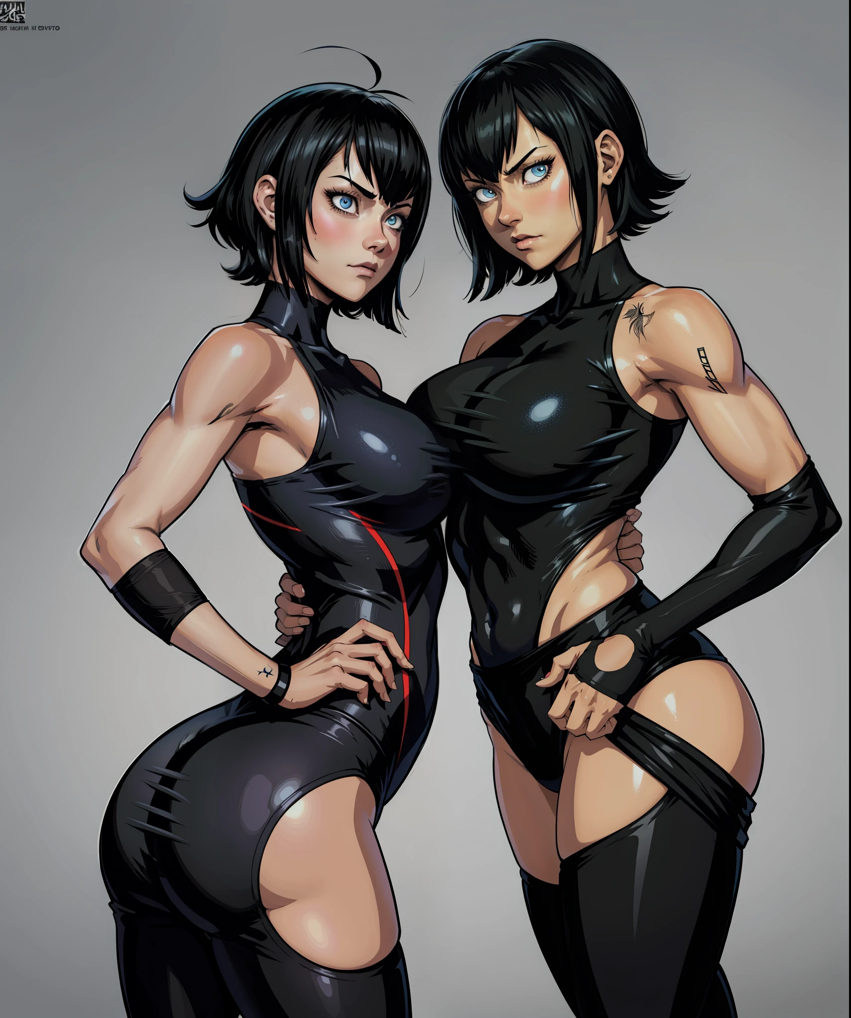 1girl, light skinned, Yusuke Murata style art, girl alone, short hair, black hair, blue eyes, anime girl with tattoos posing in a black outfit, digital anime art, sexy anime girl, female anime girl, anime art, muscular!, big oppai, Ilya Kuvshinov, badass anime 8k, anime art, cuberpunk hair, sexy outfit,  exercise clothes, very attractive, sensual,