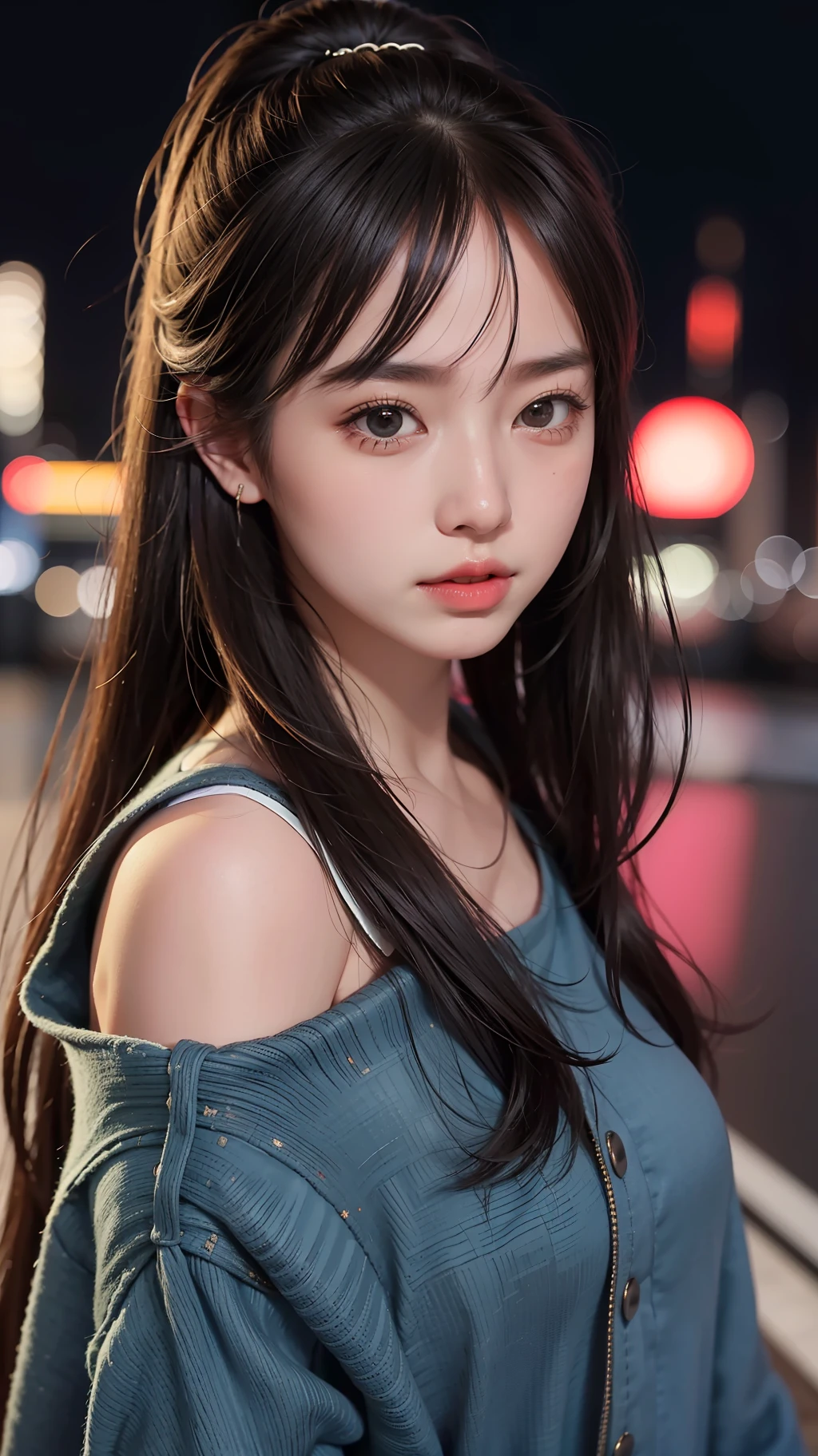 1girl, Tokyo street,night, cityscape,city lights, upper body,close-up, 8k, RAW photo, best quality, masterpiece,realistic, photo-realistic,