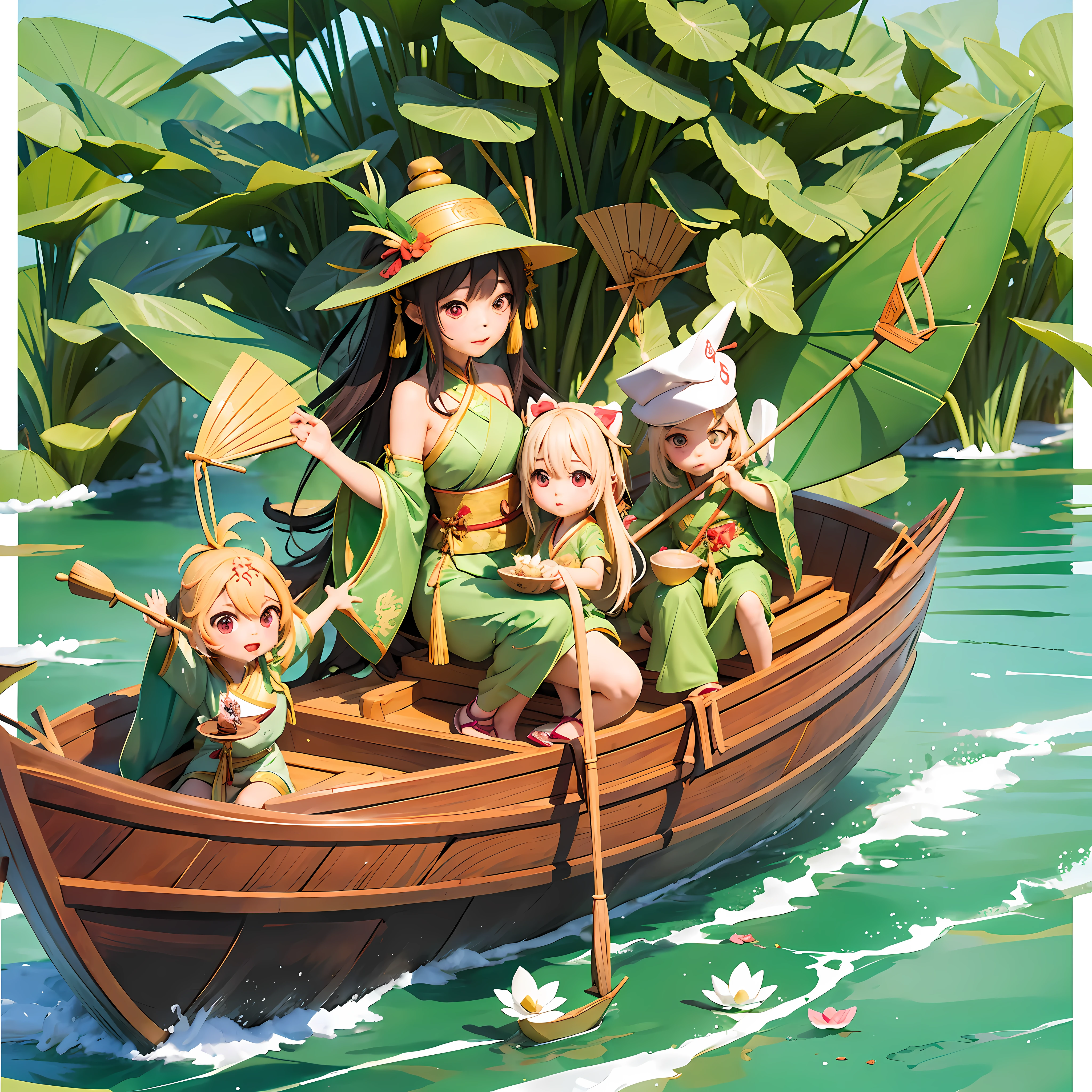 Masterpiece, highest quality, Chinese traditional festival Dragon Boat Festival, flying dragon in the sky, on a day on a huge dragon boat (boat), a lively and cute little dragon and a group of cute children in Hanfu sitting on a wooden boat, big eyes, cute toothy smile, hanging zongzi and wormwood on the boat, zongzi is a triangular food wrapped in green bamboo leaves, tied with thick lines outside, the bow of the boat is made into the shape of a dragon's head, lotus leaves, lotus flowers, pennants, the picture is written with the four art characters of Dragon Boat Ankang, Pixar style combined with Tang Dynasty style, dynamic picture, The lively atmosphere, green pictures, and the cool feeling of summer