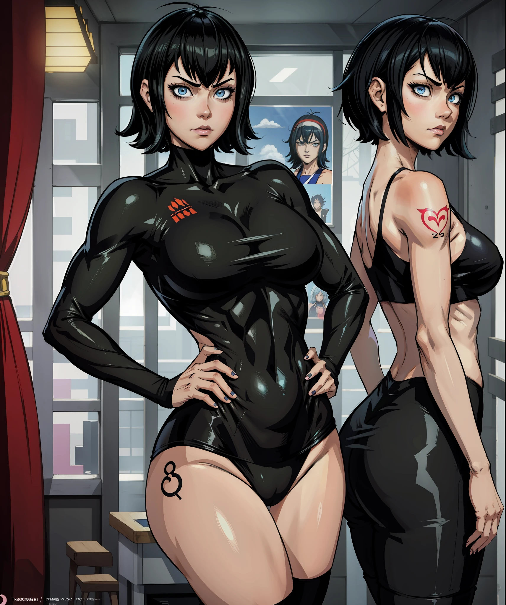 1girl, light skinned, Yusuke Murata style art, girl alone, short hair, black hair, blue eyes, anime girl with tattoos posing in a black outfit, digital anime art, sexy anime girl, female anime girl, anime art, muscular!, big oppai, Ilya Kuvshinov, badass anime 8k, anime art, cuberpunk hair, sexy outfit, exercise clothes, very attractive, sensual,