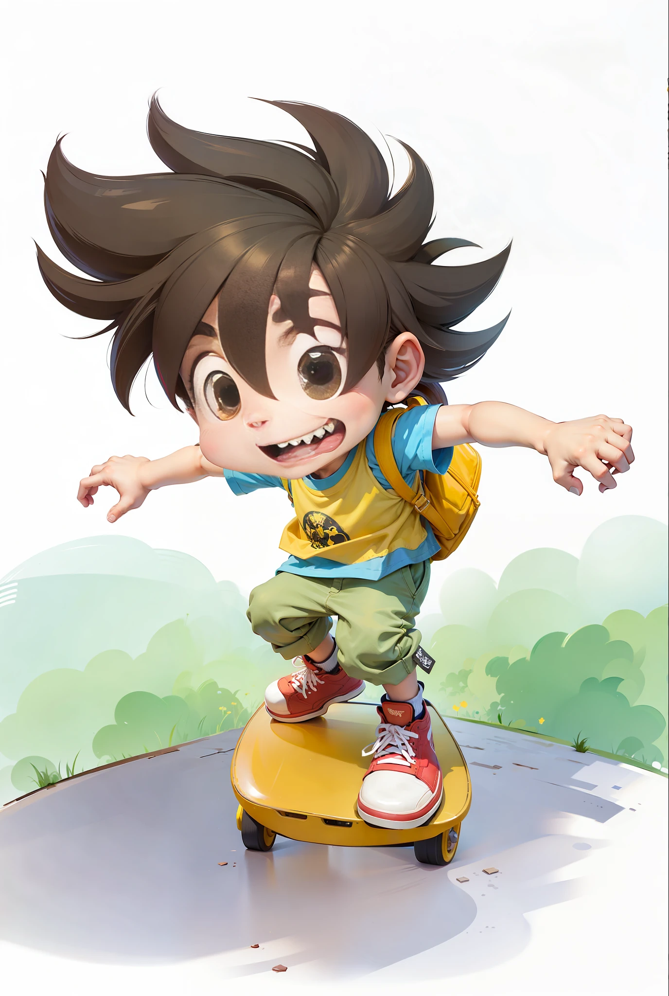 A cool skateboarding little boy with brown hair, smile, perfect limbs, correct anatomical deconstruction, perfect fingers, yellow t-shirt, green pants, red sneakers, back yellow daddy backpack, 8K, realism, background blur, soft light