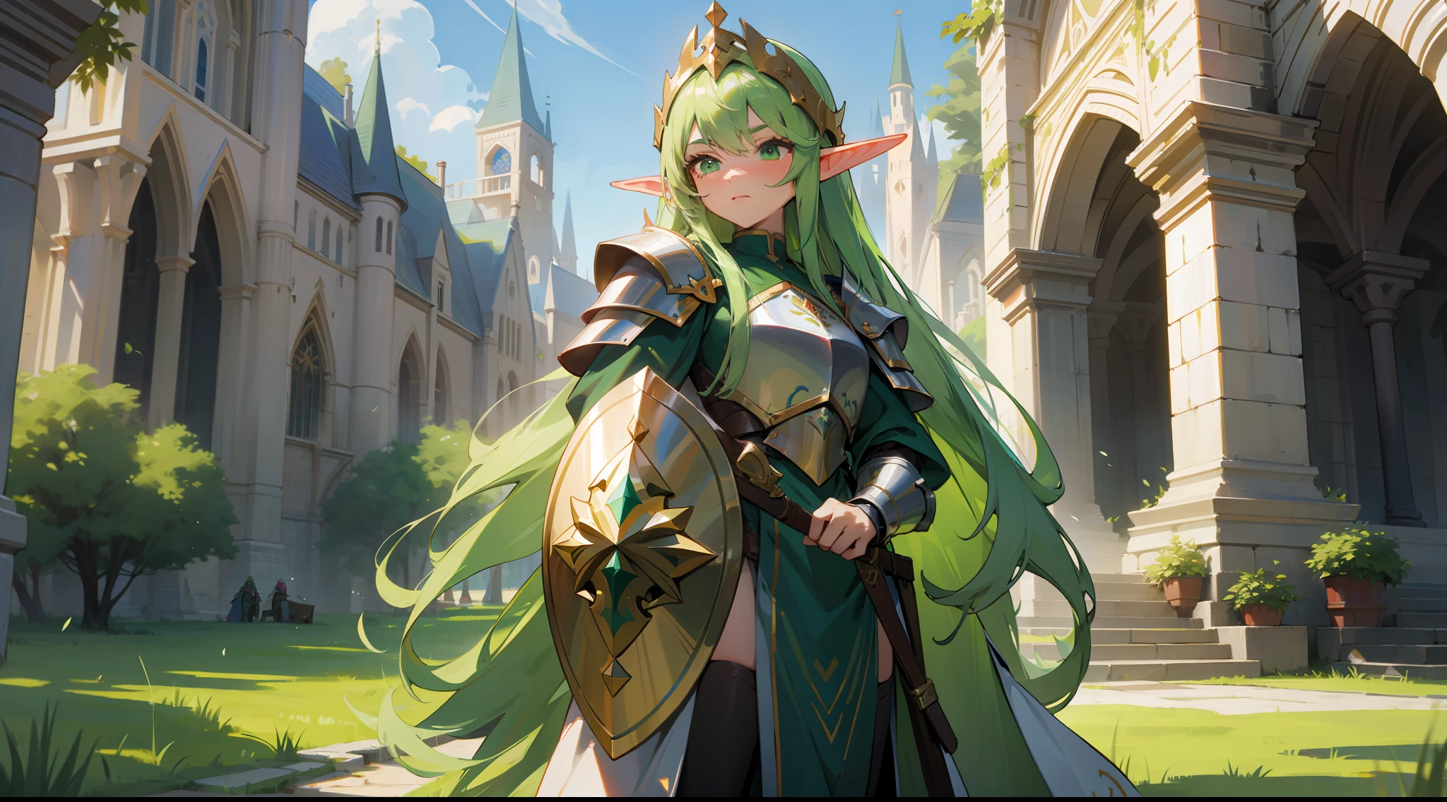 elf, long straight green hair, green eyes, paladin, fantasy, medieval, armor