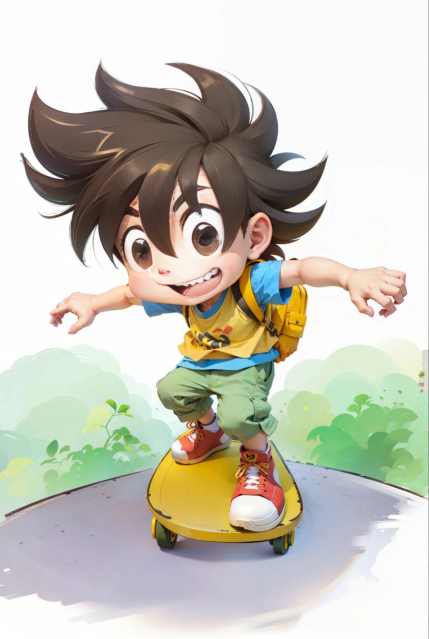 A cool skateboarding  boy with brown hair, smile, perfect limbs, correct anatomical deconstruction, perfect fingers, yellow vest, blue short sleeve t-shirt, green pants, red sneakers, back yellow daddy backpack, 8K, realism, background blur, soft light