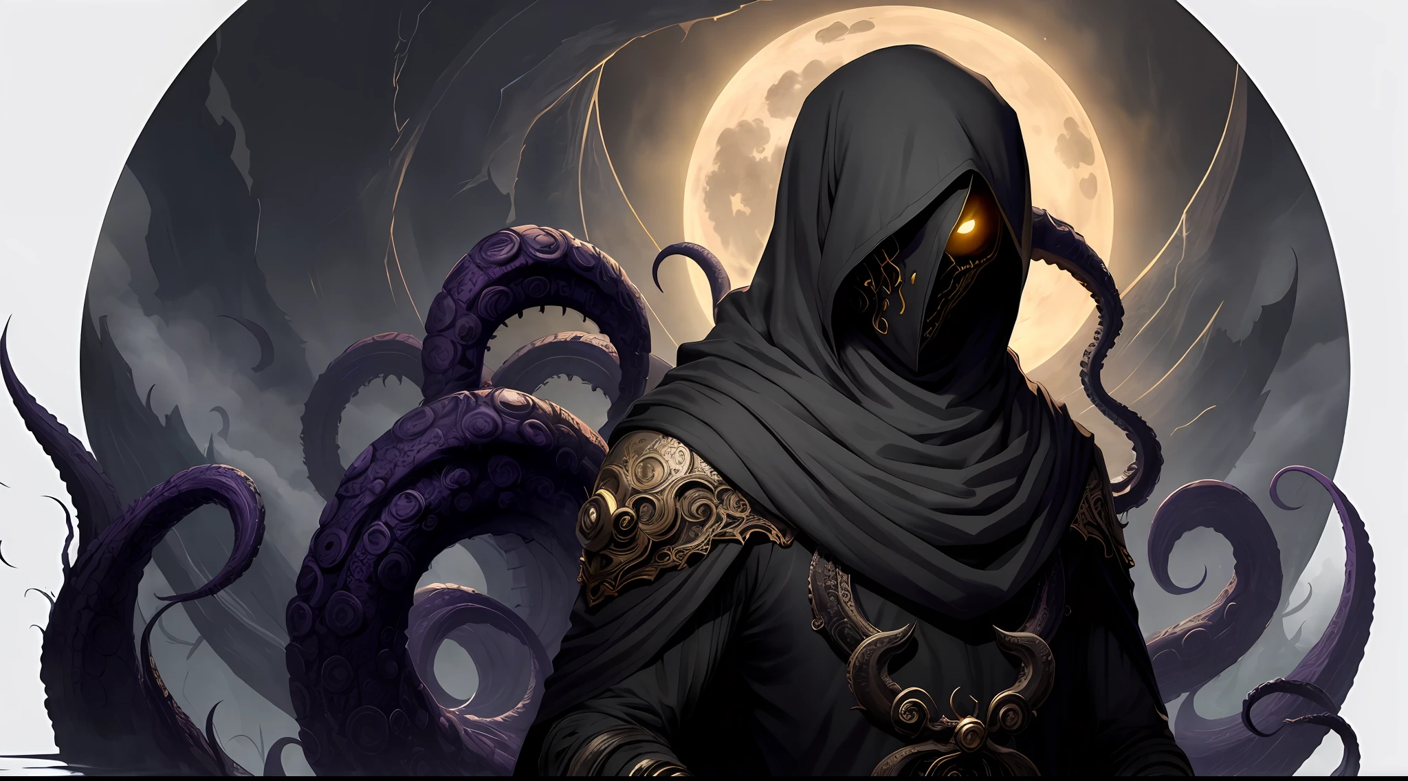 zrpgstyle, dark yellow eldritch masked cultist, creature with tentacles, midnight moonlight backlight (masterpiece:1.2) (illustration:1.2) (best quality) (detailed) (intricate) (8k) (HDR) (wallpaper) (cinematic lighting) (sharp focus)