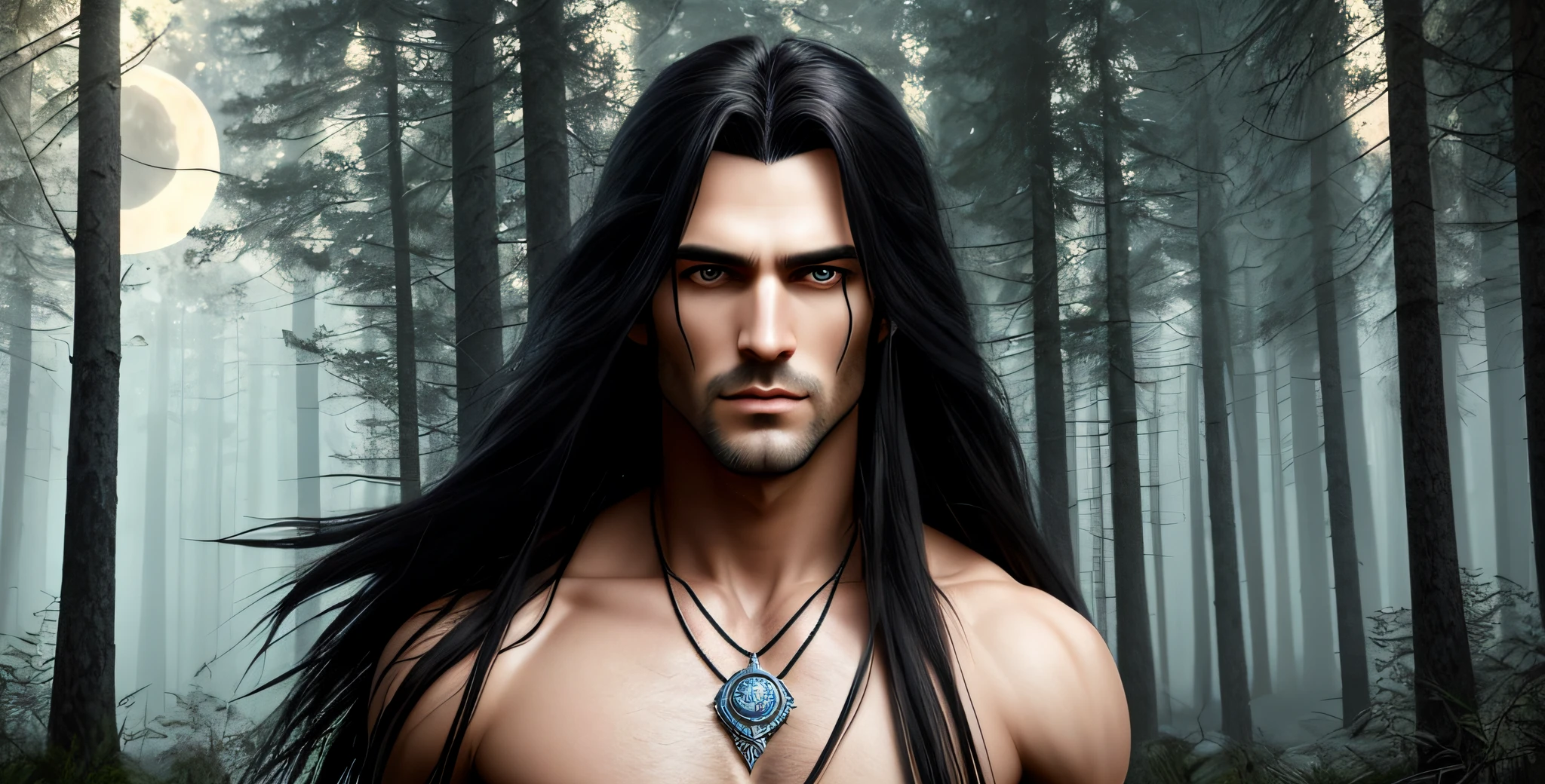 There is a man with long black hair and a necklace, dark windblown hair, male, long flowing dark hair, long crow hair, long black hair, with long dark hair, with long piercing hair, with long black hair, Second Life avatar, male vampire, insanely handsome, toned muscles, beautiful eye, detailed pupil, smoke, mysterious ancient ruin, Detailed features of clothing, dark background, forest, tall trees, moon, realistic epic, adobe lightroom, warm lights, dramatic light, (intricate details:1.1), soft cinematic portrait, with dynamic angle and dramatic pose, light blue eyes, stunning illustration