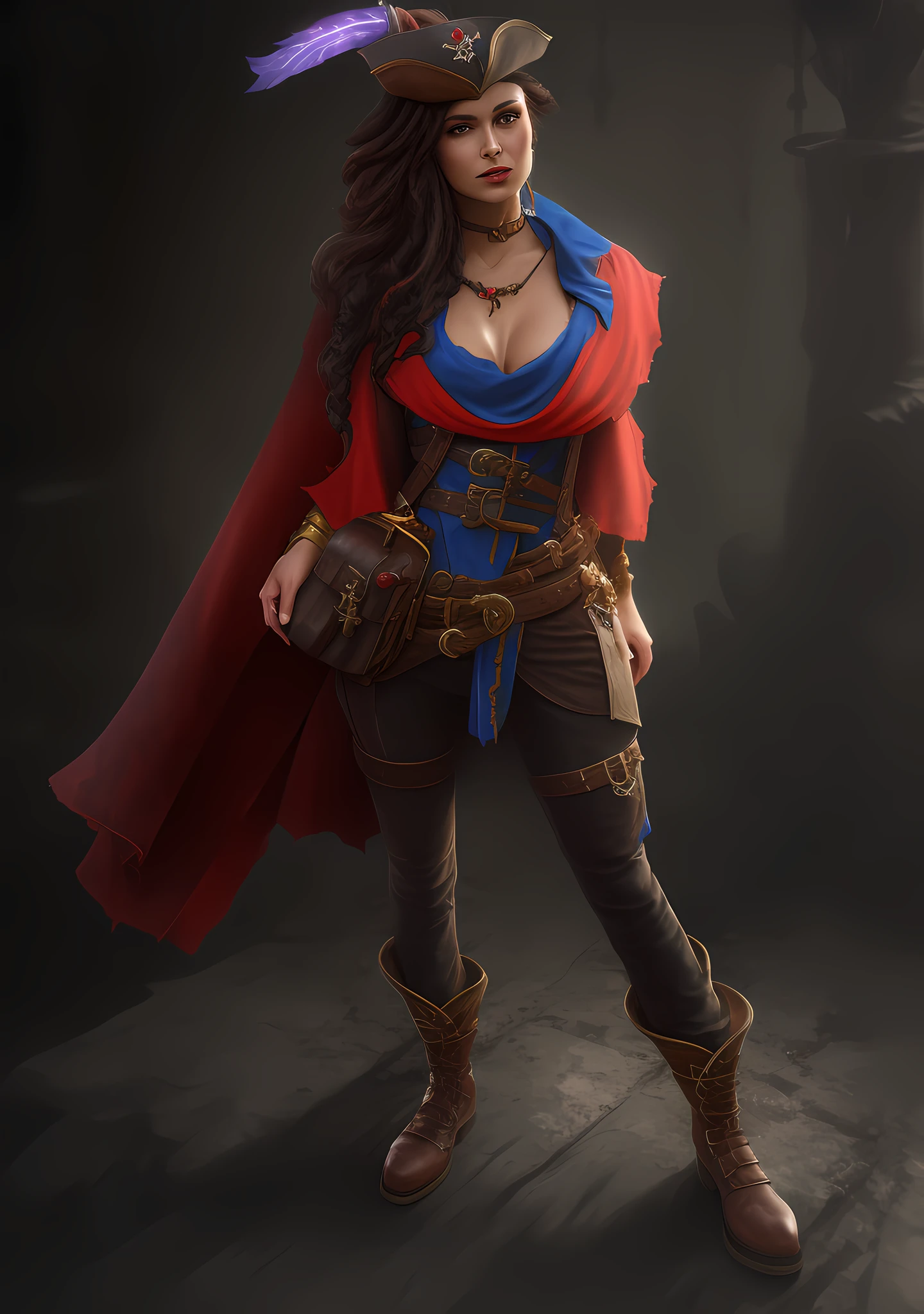 there is a woman in a costume with a hat and a red cape, female lead character, female pirate captain, realistic character concept, stunning character art, post - apocalyptic cowgirl, snow white as a d & d fighter, pirate woman, by senior character artist, character full body portrait, female character, beautiful full body concept art, epic exquisite character art