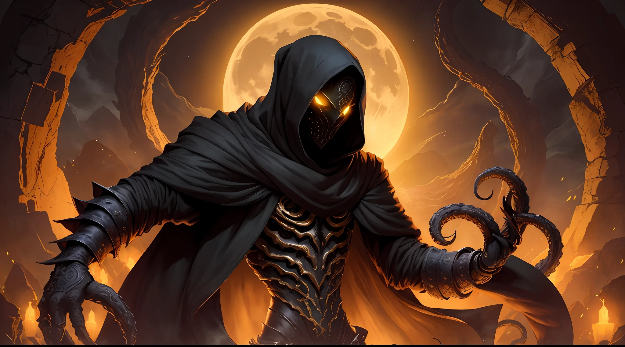 zrpgstyle, dark yellow eldritch masked cultist, creature with tentacles, midnight moonlight backlight (masterpiece:1.2) (illustration:1.2) (best quality) (detailed) (intricate) (8k) (HDR) (wallpaper) (cinematic lighting) (sharp focus)