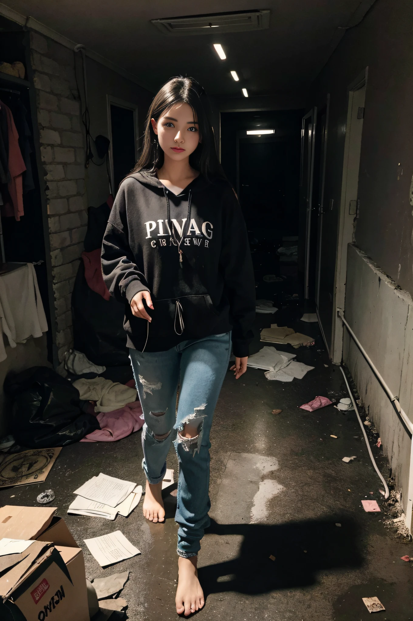 Create an image of a woman around 20 years old with dark hair and dark eyes. She is in a pitch-dark basement, dressed in soot-stained clothes. The surrounding area is littered with garbage and filth. The floor is wet.