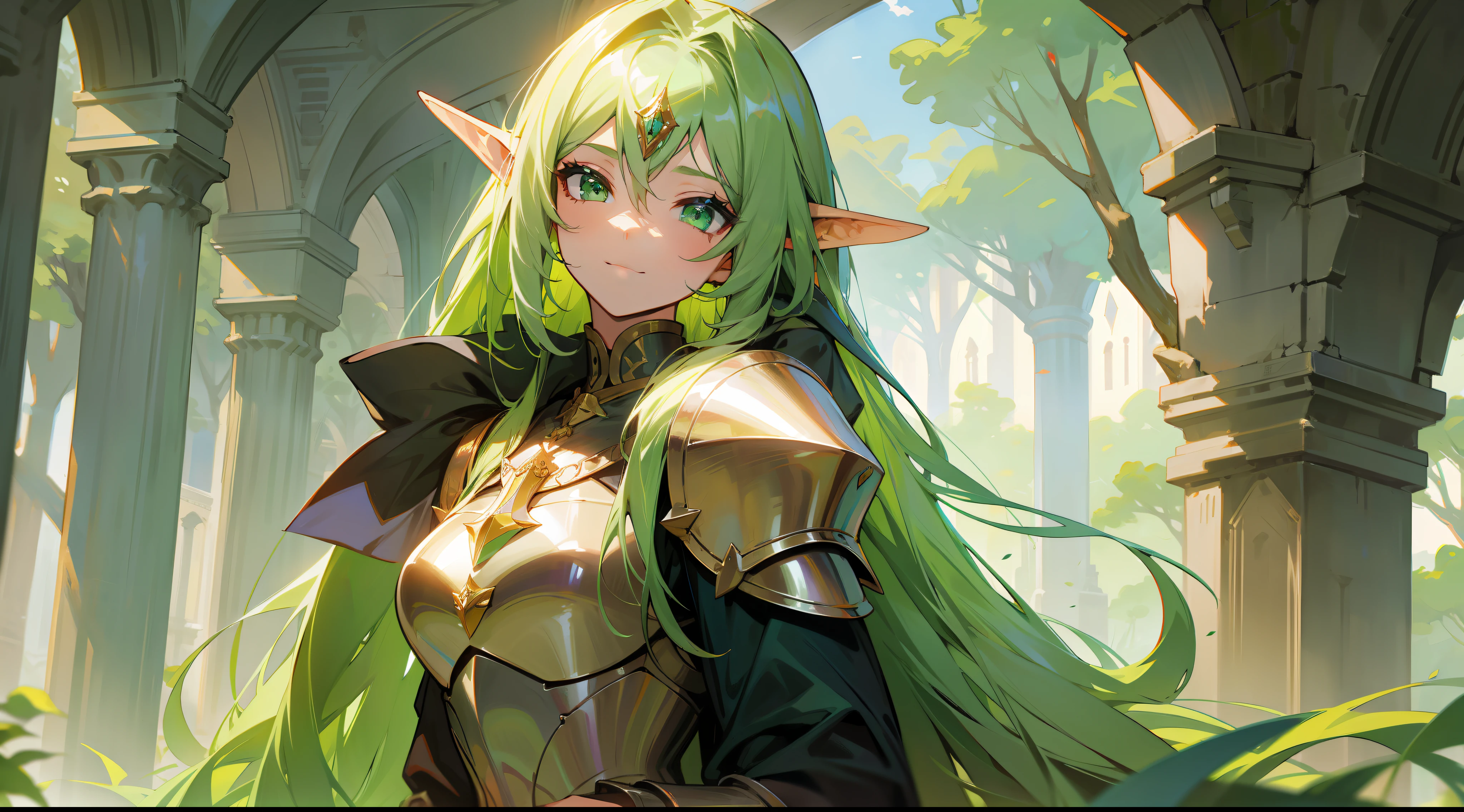 elf, long straight green hair, green eyes, paladin, fantasy, medieval, armor