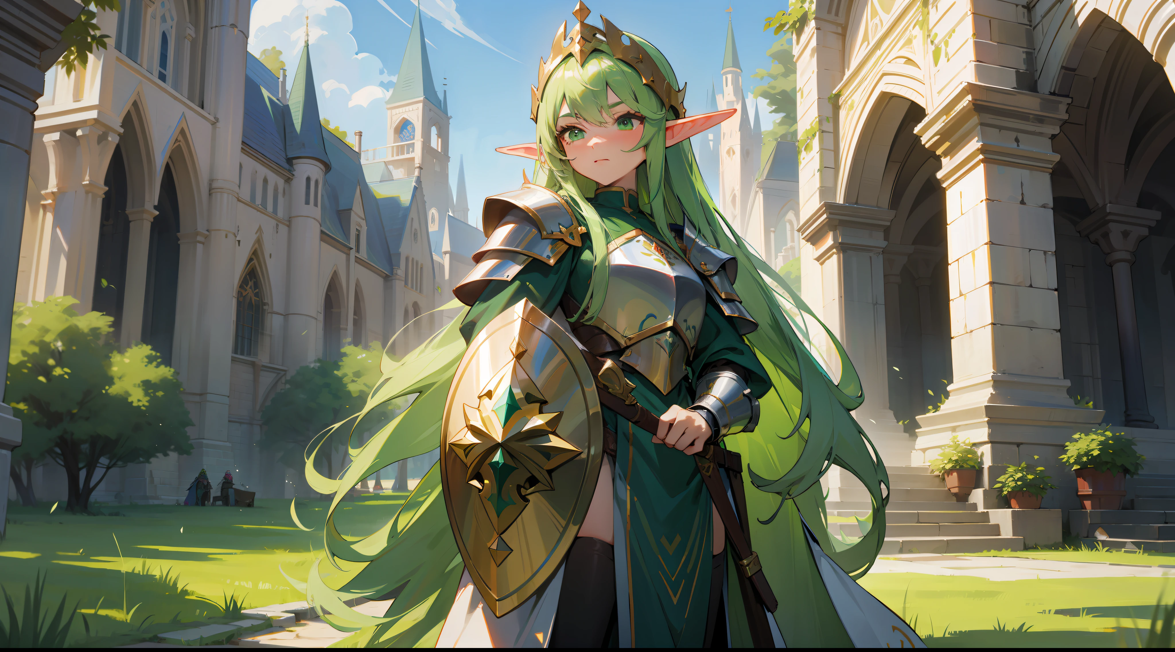 elf, long straight green hair, green eyes, paladin, fantasy, medieval, armor
