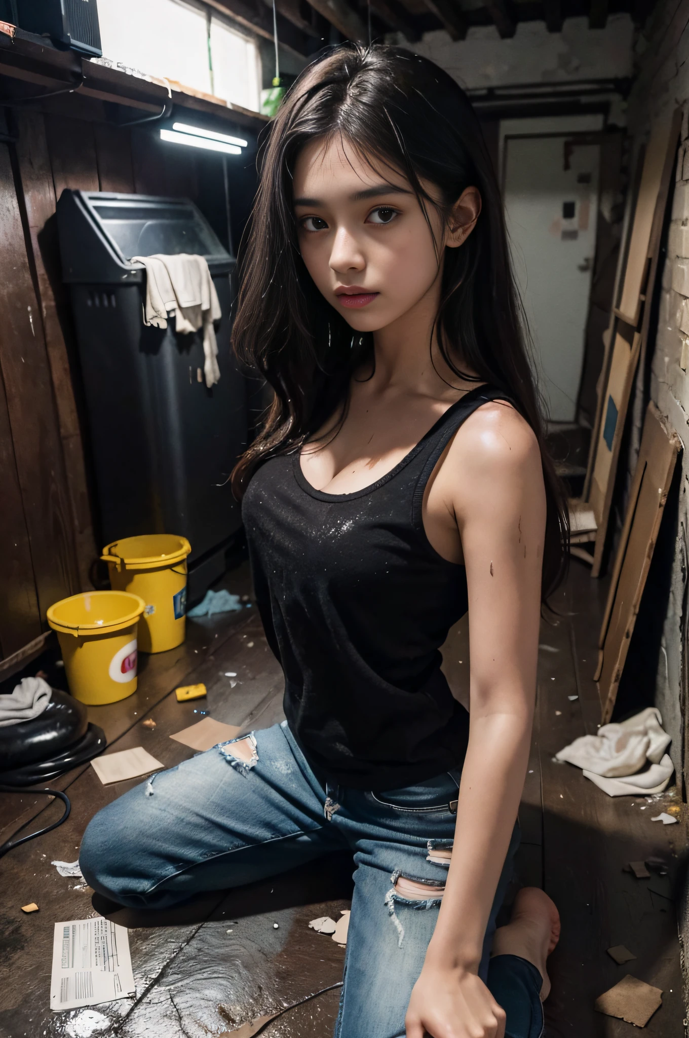 Create an image of a woman around 20 years old with dark hair and dark eyes. She is in a pitch-dark basement, dressed in soot-stained clothes. The surrounding area is littered with garbage and filth. The floor is wet.