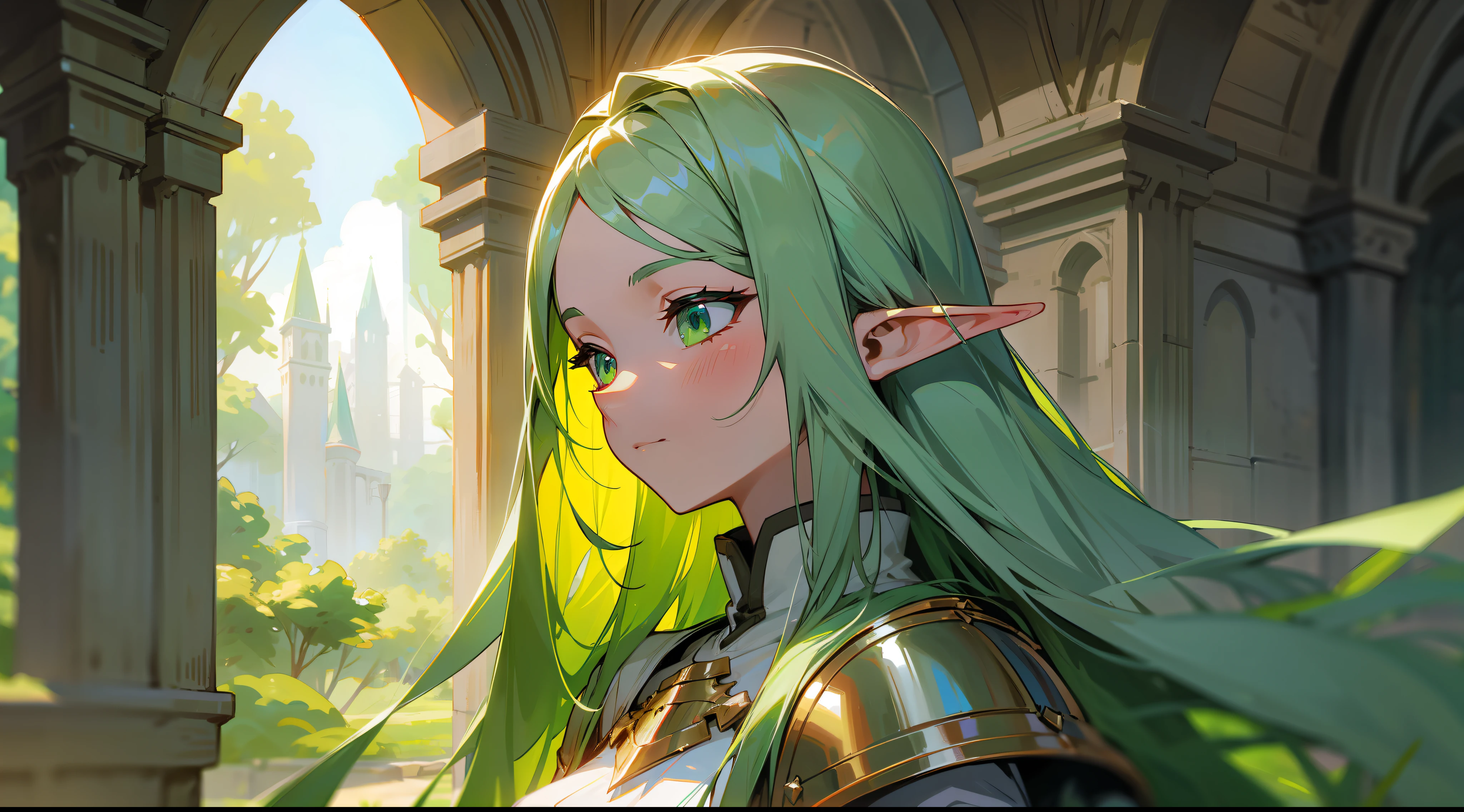 elf, long straight green hair, green eyes, paladin, fantasy, medieval, armor
