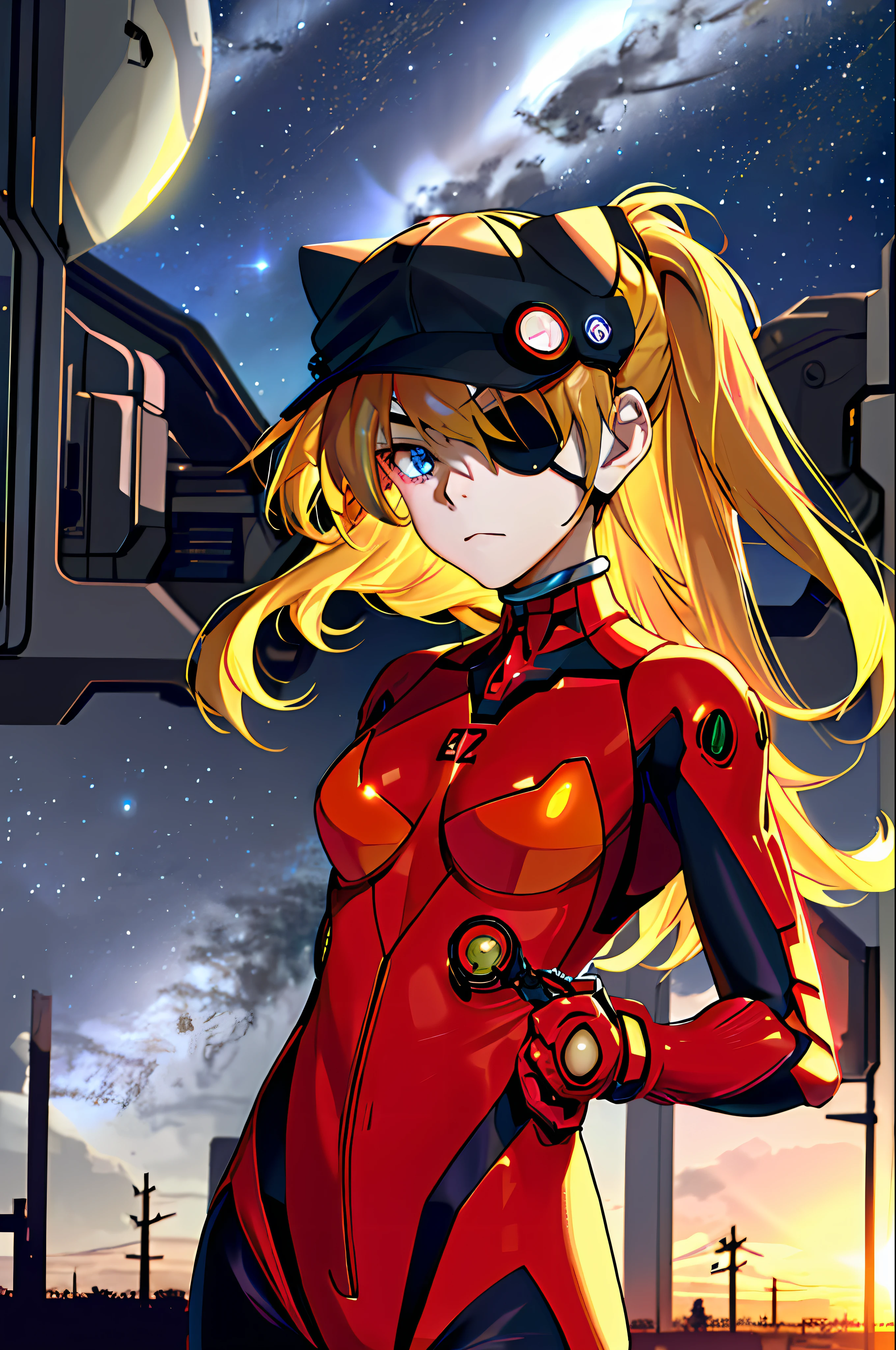 ((masterpiece,best quality, detailed,a biomechanical girl with cybernetic face and body)), 1girl, solo, cowboy shot, in space, in front of planet,standing on killdozer, depth of field,(glowing eyes:1.2),neon details,glowing body, outdoors, night, cityscape, starry sky, souryuu asuka langley, red jacket, bodysuit under clothes, cat hat, red bodysuit, eyepatch, hands in pockets