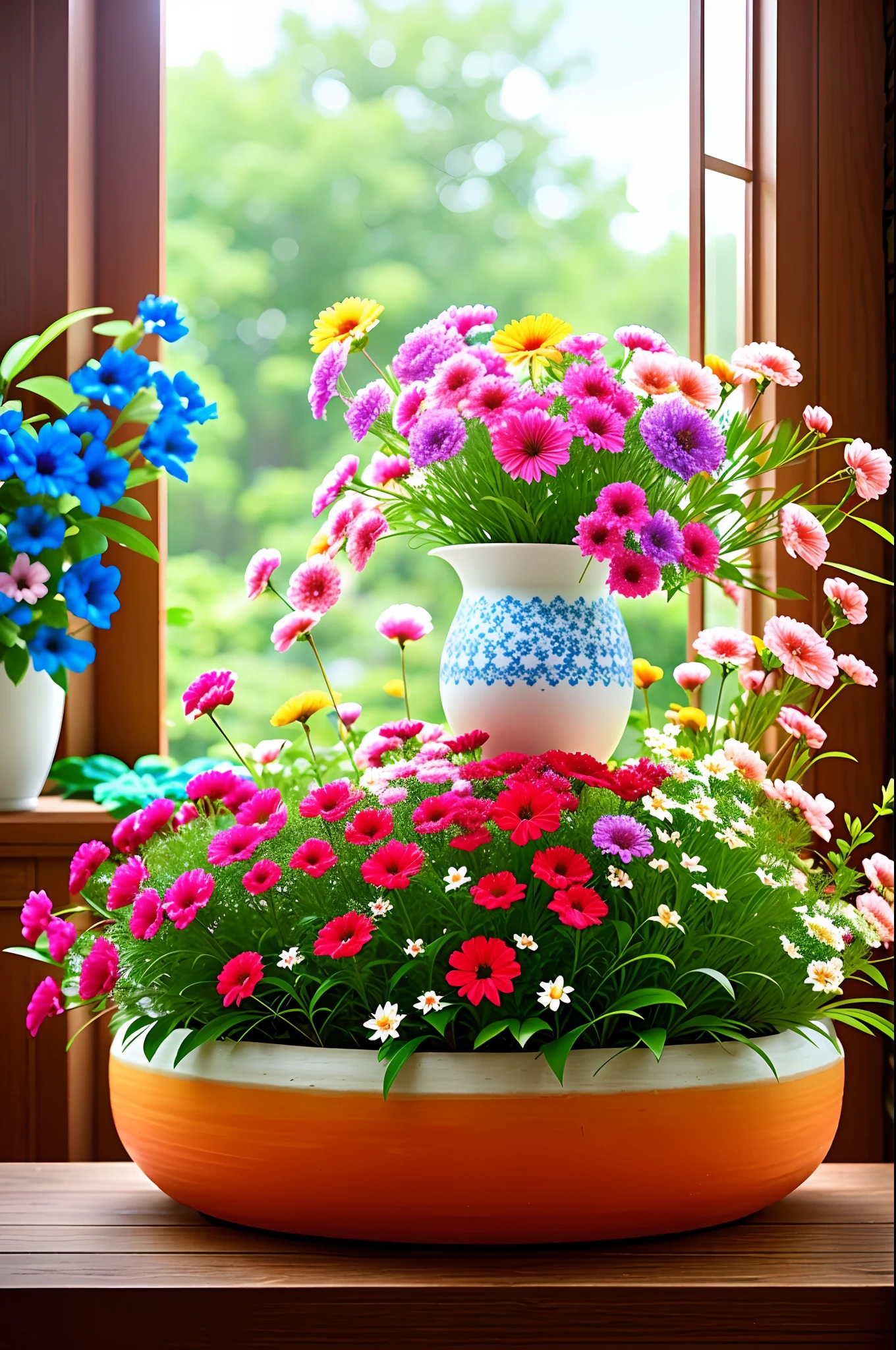 Clay flower tray, colorful flowers, magical colorful flowers, colorful flowers, colorful flowers, colorful flowers and plants, by the window, sunlight coming in, lots of details, high quality, 8k