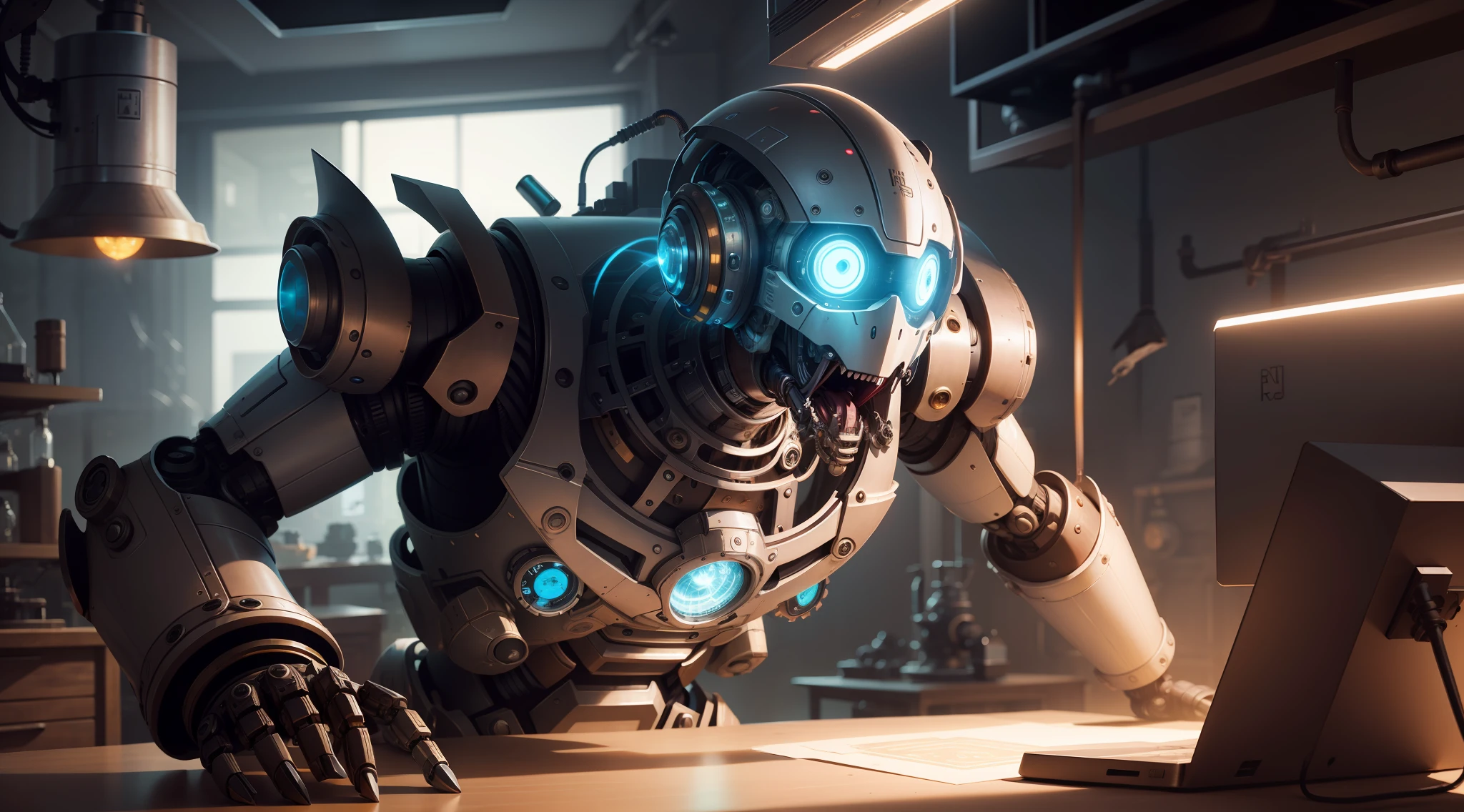 A robot lying on a lab table, awakening, mouth open, eyes glowing brightly, brain transparency leaking, steampunk lab, robot, awakening, self-awareness, illustrations
