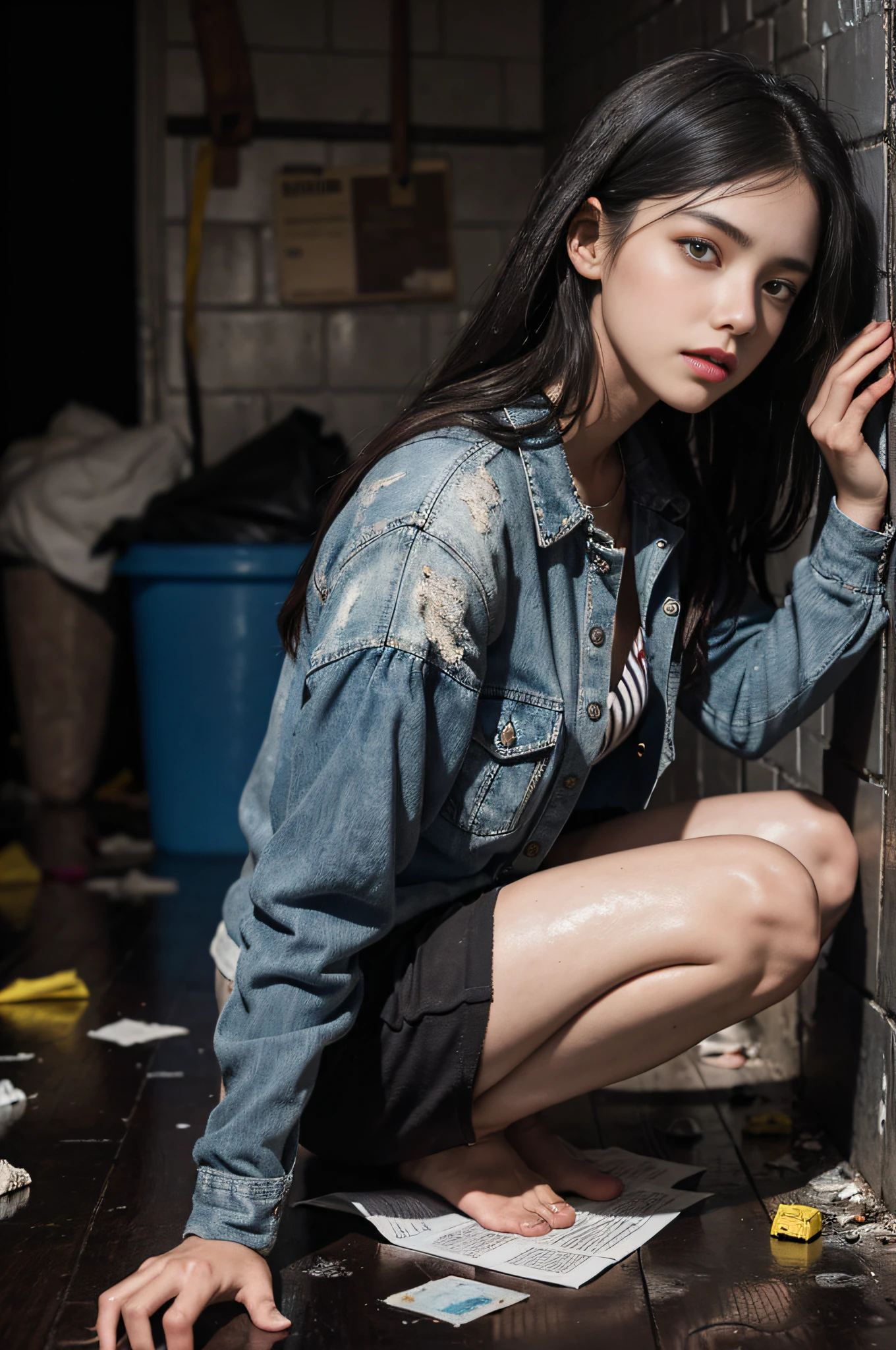 Create an image of a woman around 20 years old with dark hair and dark eyes. She is in a pitch-dark basement, dressed in soot-stained clothes. The surrounding area is littered with garbage and filth. The floor is wet.
