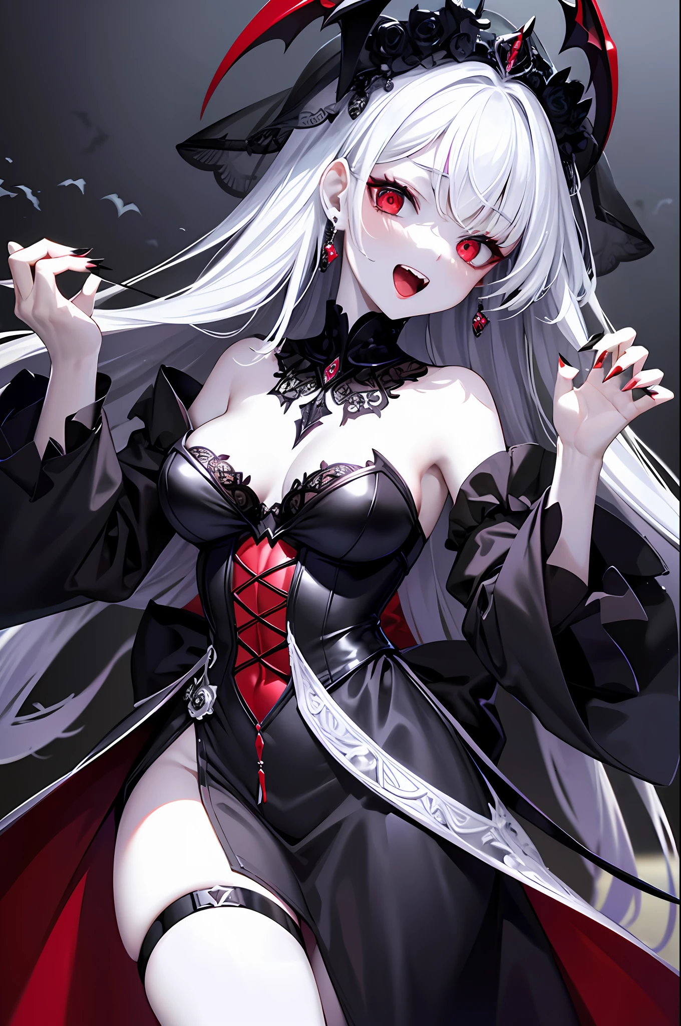 Top quality, masterpiece, very precise details, absurdity, very fine 8KCG wallpaper, very delicate and beautiful girl, highly detailed character, incredibly beautiful, (transcendent robot beautiful girl: 1.5), Dracula, black wedding dress, pale skin, black face veil, red eyes, red lipstick, (laughs with wide open mouth), long canines, half-closed eyes, bats, long nails, horror tone, claw pose,