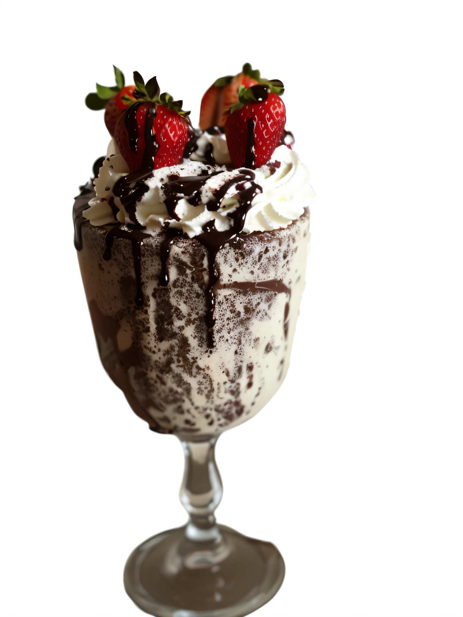 there is a chocolate sundae with strawberries on top of it, whipped cream, dessert, decadent, whipped cream on top, milkshake, ice cream on the side, refreshing, drink, black forest, foam, rendered, strawberry ice cream, an award winning, ice cream, creamy, sculpted, highly stylized, recipe, !!award-winning!!, oversaturated --auto --s2