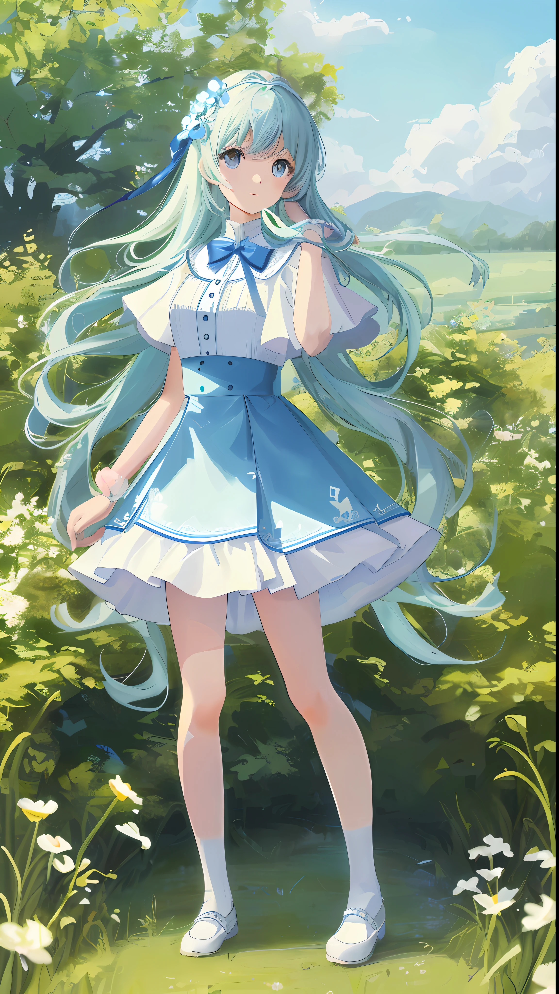 High detail, super detail, super resolution (full body standing), (hands at your sides) A cute and innocent girl in a white and blue short skirt enjoying her time in an open field, surrounded by the beauty of nature.