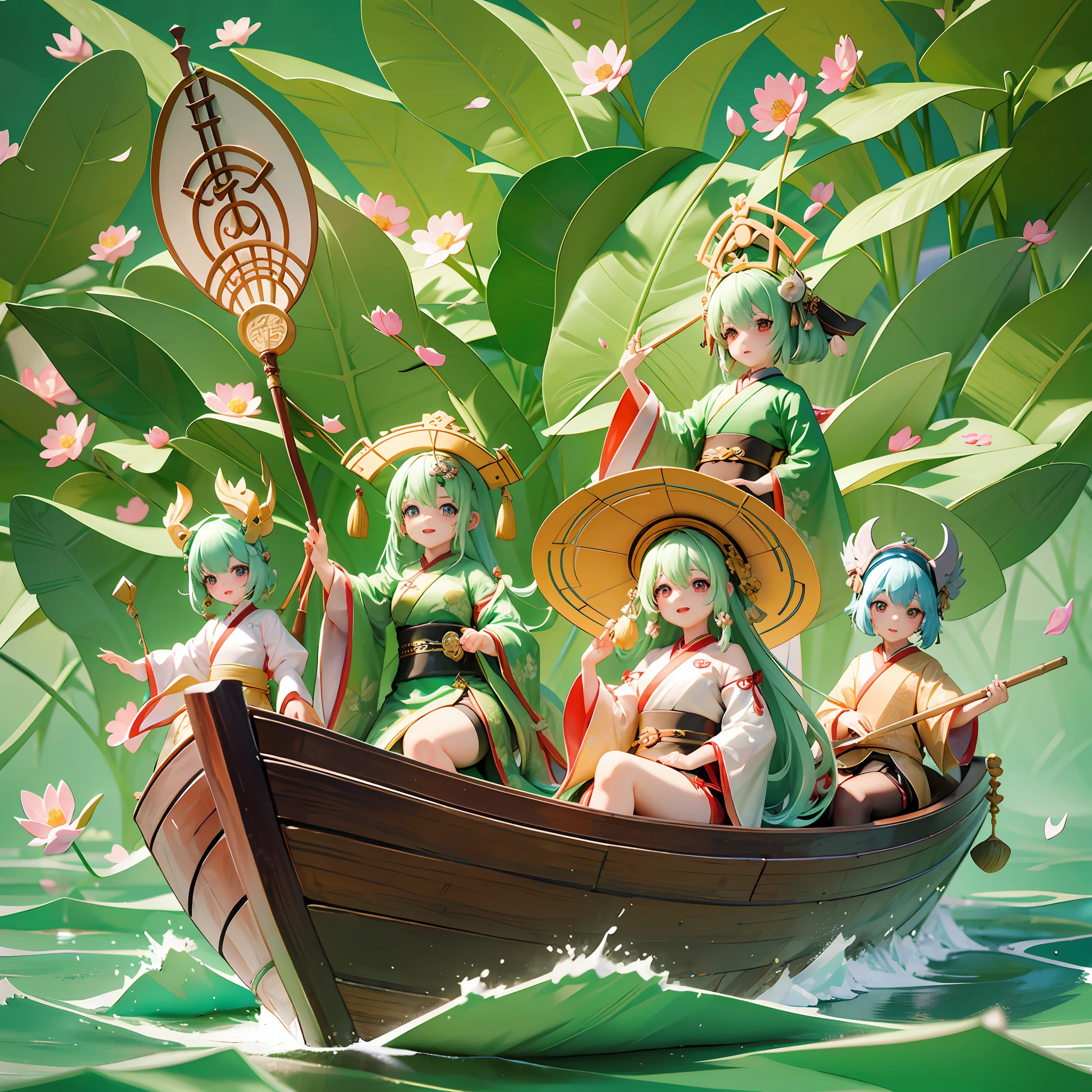 Masterpiece, highest quality, Chinese traditional festival Dragon Boat Festival, flying dragon in the sky, on a day on a huge dragon boat (boat), a lively and cute little dragon and a group of cute children in Hanfu sitting on a wooden boat, big eyes, cute toothy smile, hanging zongzi and wormwood on the boat, zongzi is a triangular food wrapped in green bamboo leaves, tied with thick lines outside, the bow of the boat is made into the shape of a dragon's head, lotus leaves, lotus flowers, pennants, the picture is written with the four art characters of Dragon Boat Ankang, Pixar style combined with Tang Dynasty style, dynamic picture, The lively atmosphere, green pictures, and the cool feeling of summer