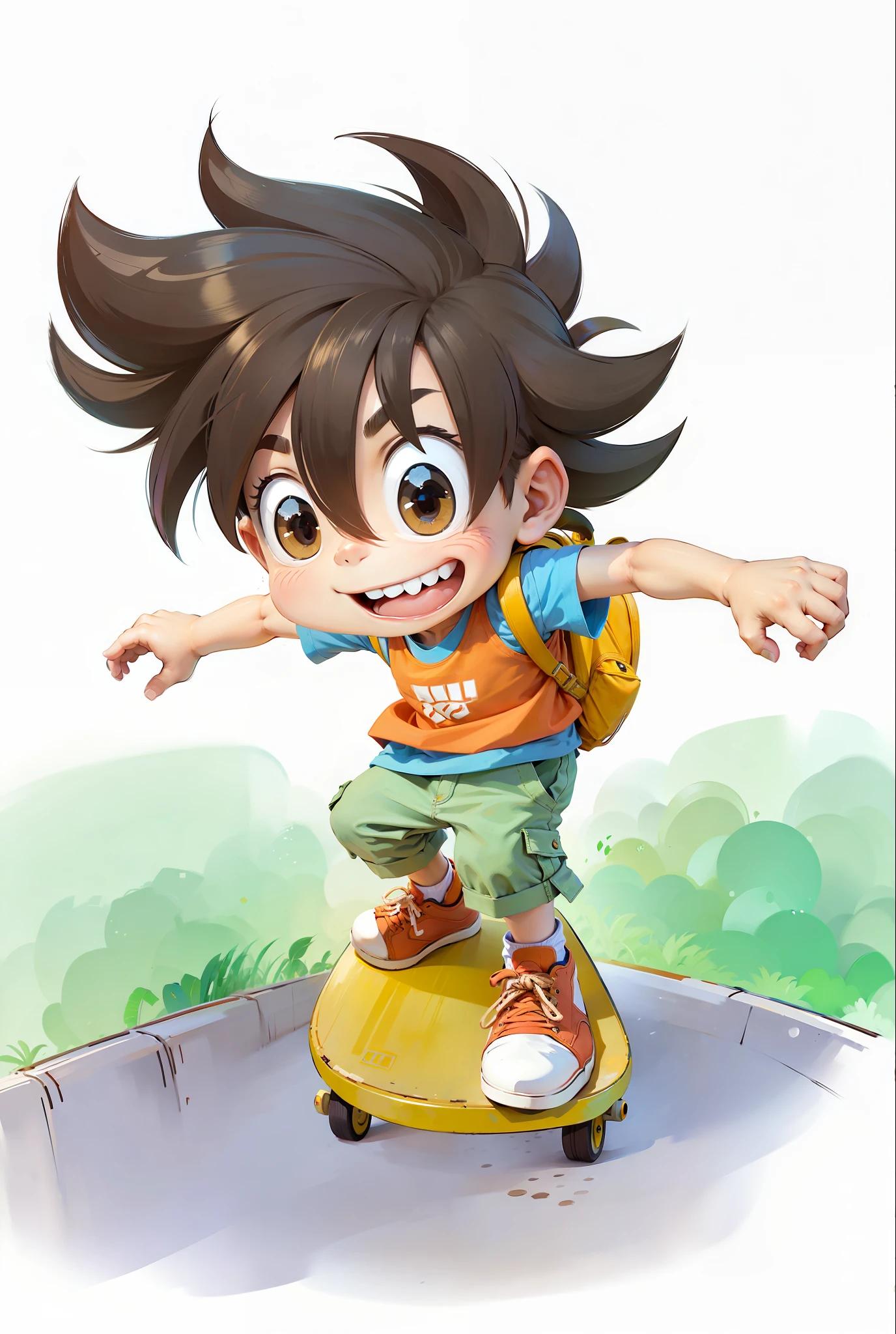 A cool skateboarding boy with brown hair, smile, perfect limbs, correct anatomical deconstruction, perfect fingers, orange vest, MUJI blue short sleeve t-shirt, green pants, red sneakers, back yellow daddy backpack, 8K, realism, background blur, soft light