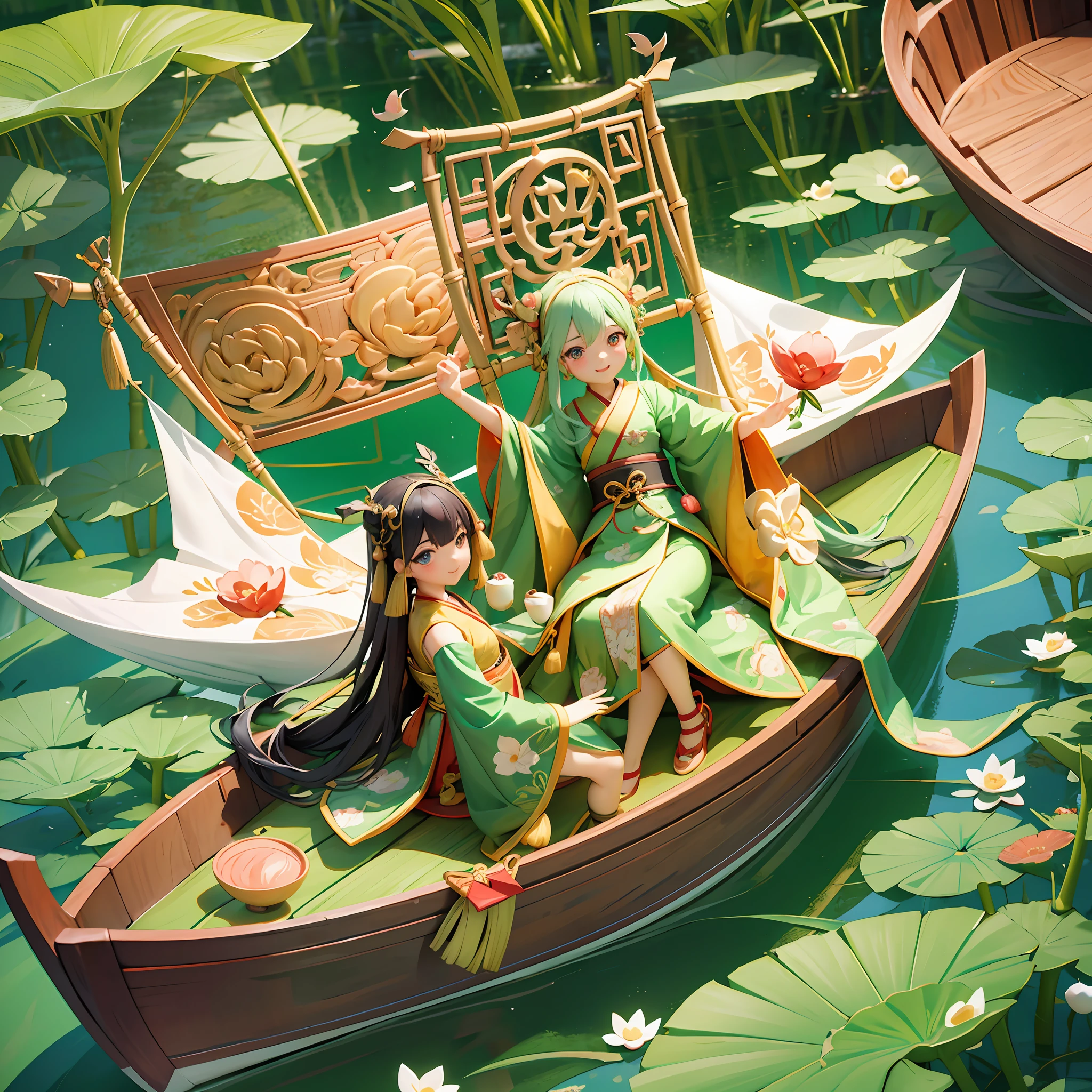 Masterpiece, highest quality, Chinese traditional festival Dragon Boat Festival, flying dragon in the sky, on a day on a huge dragon boat (boat), a lively and cute little dragon and a group of cute children in Hanfu sitting on a wooden boat, big eyes, cute toothy smile, hanging zongzi and wormwood on the boat, zongzi is a triangular food wrapped in green bamboo leaves, tied with thick lines outside, the bow of the boat is made into the shape of a dragon's head, lotus leaves, lotus flowers, pennants, the picture is written with the four art characters of Dragon Boat Ankang, Pixar style combined with Tang Dynasty style, dynamic picture, The lively atmosphere, green pictures, and the cool feeling of summer
