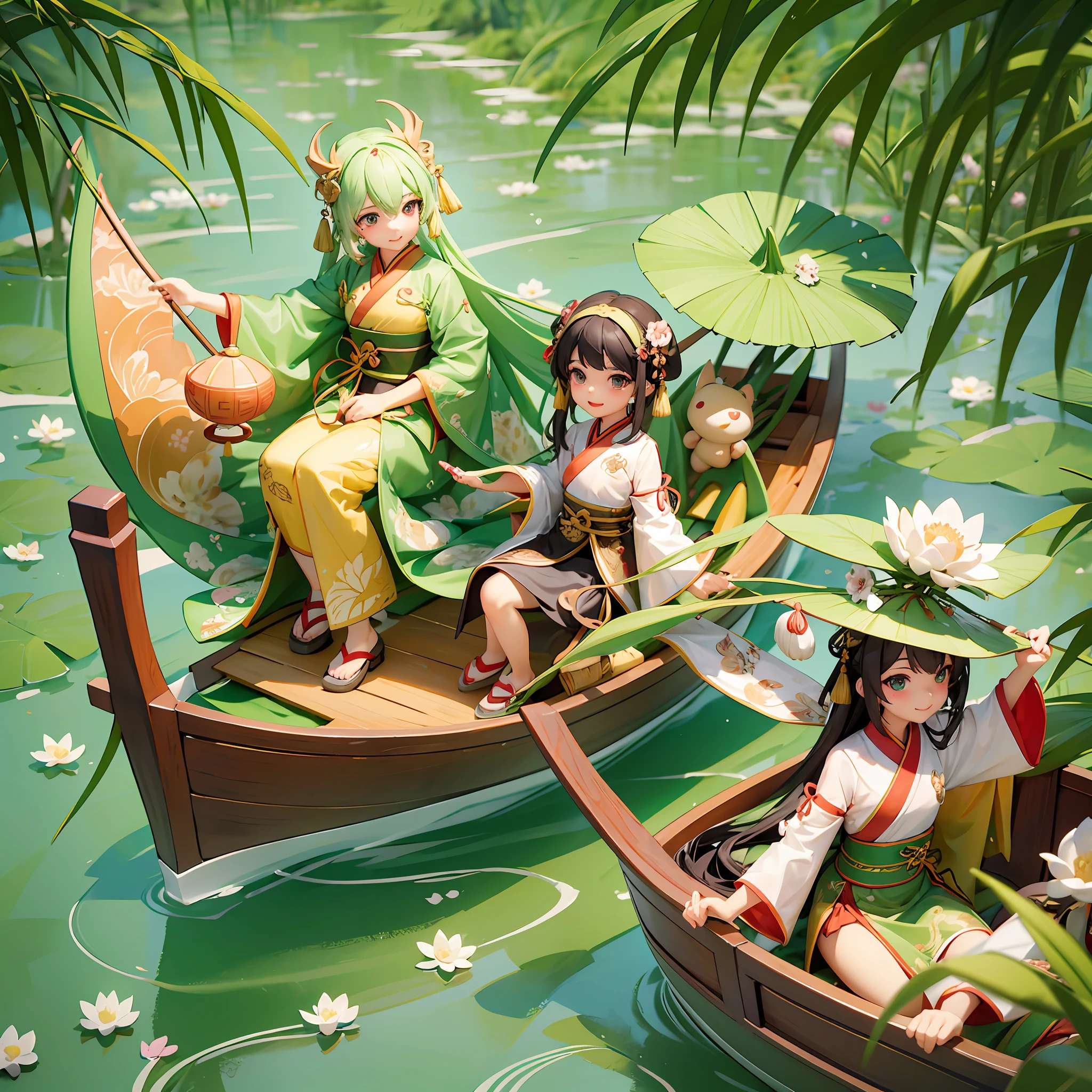Masterpiece, highest quality, Chinese traditional festival Dragon Boat Festival, flying dragon in the sky, on a day on a huge dragon boat (boat), a lively and cute little dragon and a group of cute ren in Hanfu sitting on a wooden boat, big eyes, cute toothy smile, hanging zongzi and wormwood on the boat, zongzi is a triangular food wrapped in green bamboo leaves, tied with thick lines outside, the bow of the boat is made into the shape of a dragon's head, lotus leaves, lotus flowers, pennants, the picture is written with the four art characters of Dragon Boat Ankang, Pixar style combined with Tang Dynasty style, dynamic picture, The lively atmosphere, green pictures, and the cool feeling of summer