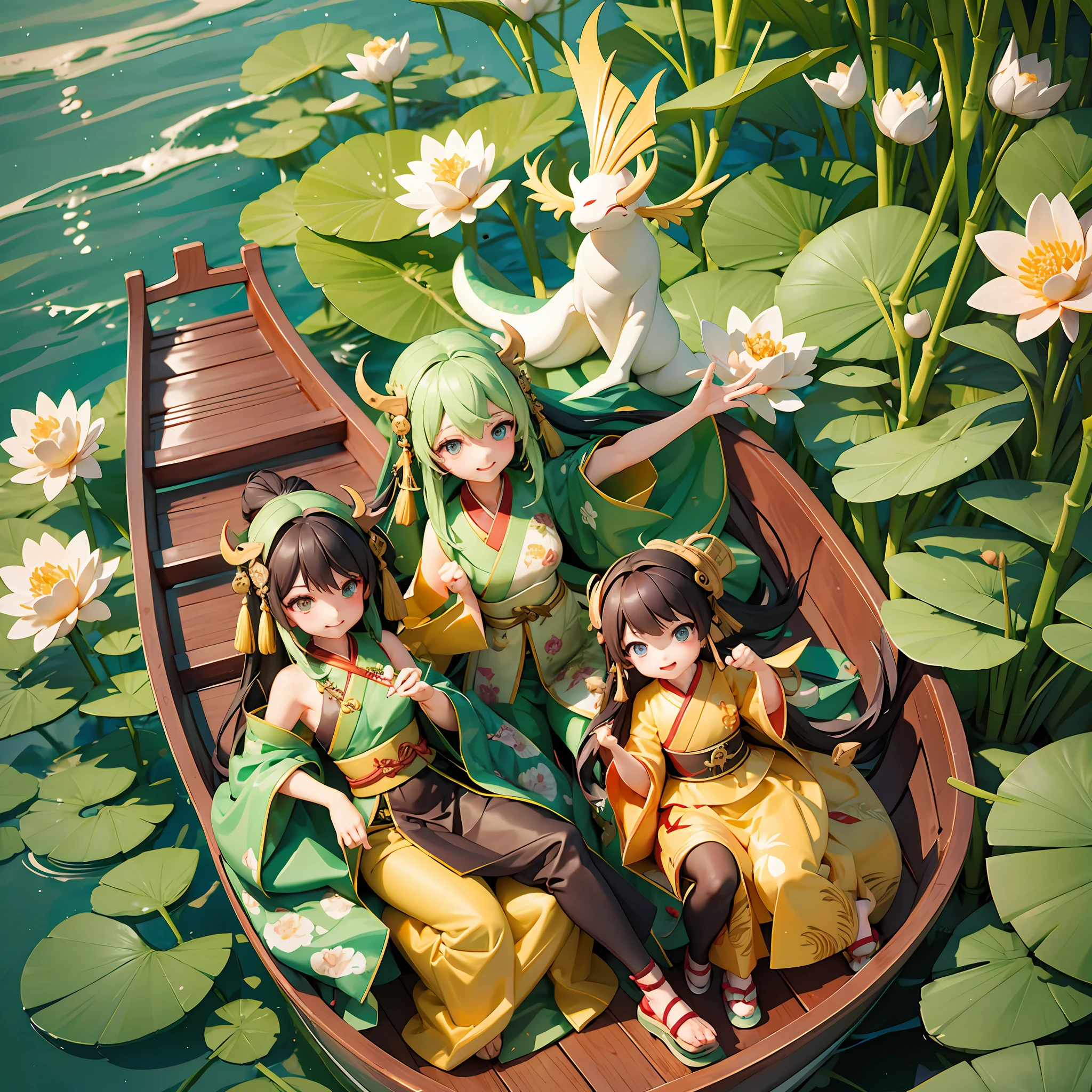 Masterpiece, highest quality, Chinese traditional festival Dragon Boat Festival, flying dragon in the sky, on a day on a huge dragon boat (boat), a lively and cute little dragon and a group of cute children in Hanfu sitting on a wooden boat, big eyes, cute toothy smile, hanging zongzi and wormwood on the boat, zongzi is a triangular food wrapped in green bamboo leaves, tied with thick lines outside, the bow of the boat is made into the shape of a dragon's head, lotus leaves, lotus flowers, pennants, the picture is written with the four art characters of Dragon Boat Ankang, Pixar style combined with Tang Dynasty style, dynamic picture, The lively atmosphere, green pictures, and the cool feeling of summer