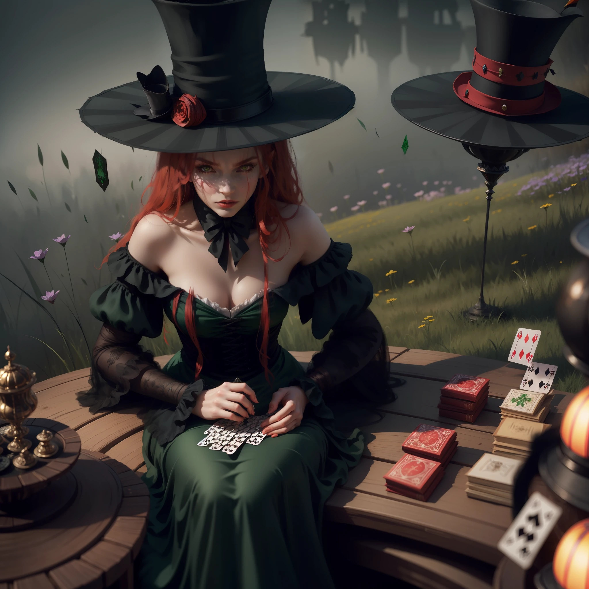 Dark Mad Hatter, one woman, wonderland, evil, night, mist, high quality, red head beautiful woman, perfect face, green dress, big topper hat, wonderland, playing cards, meadow, tea party