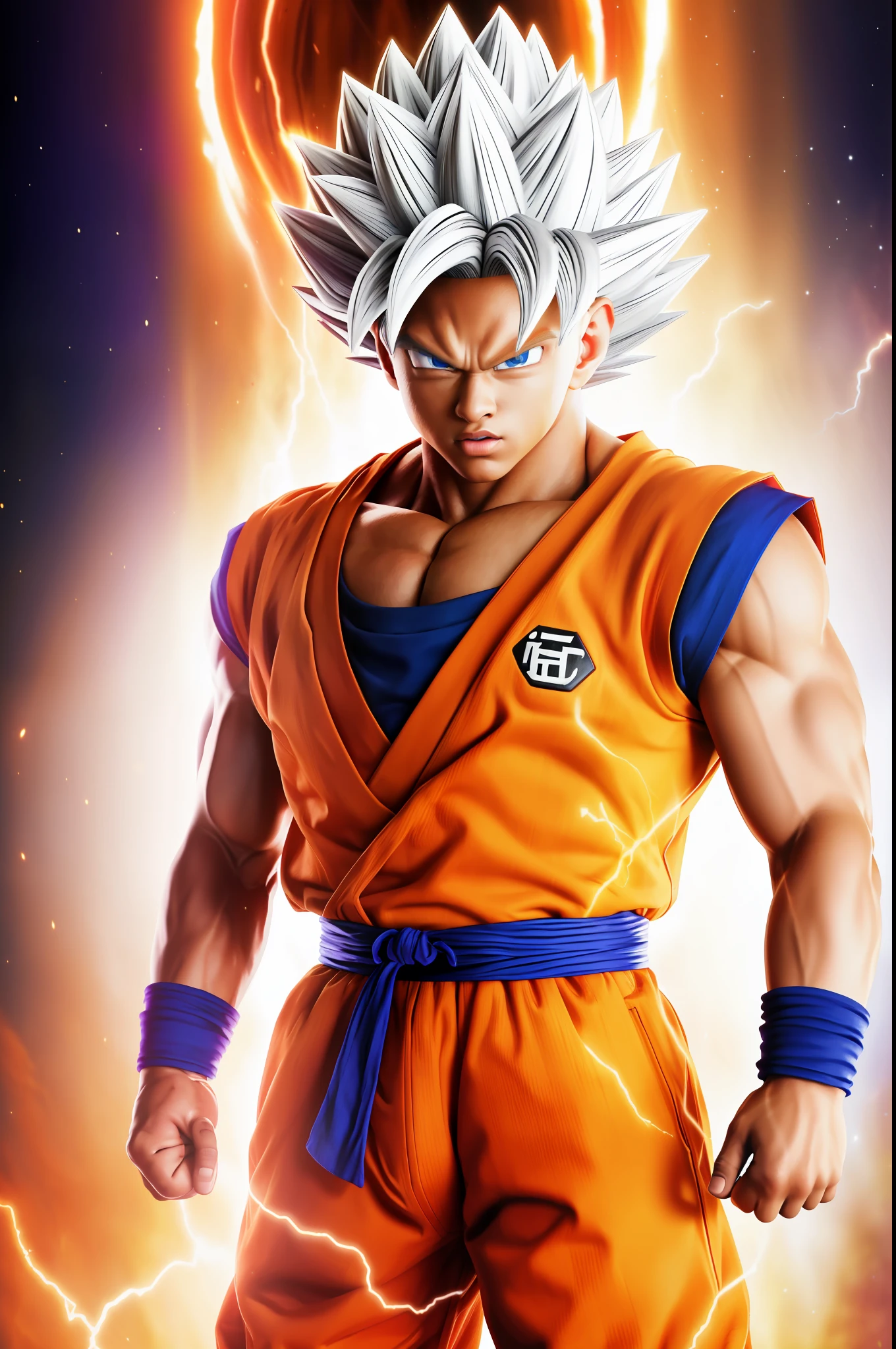 best quality, masterpiece, (realistic: 1.2), Close, Brown skin tone, son_goku, super_saiyan_ultra_instinct, white_eyes, Color_aura background, portrait, kamekame ball