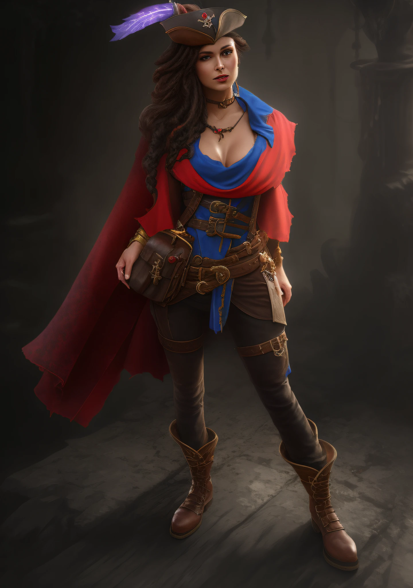there is a woman in a costume with a hat and a red cape, female lead character, female pirate captain, realistic character concept, stunning character art, post - apocalyptic cowgirl, snow white as a d & d fighter, pirate woman, by senior character artist, character full body portrait, female character, beautiful full body concept art, epic exquisite character art