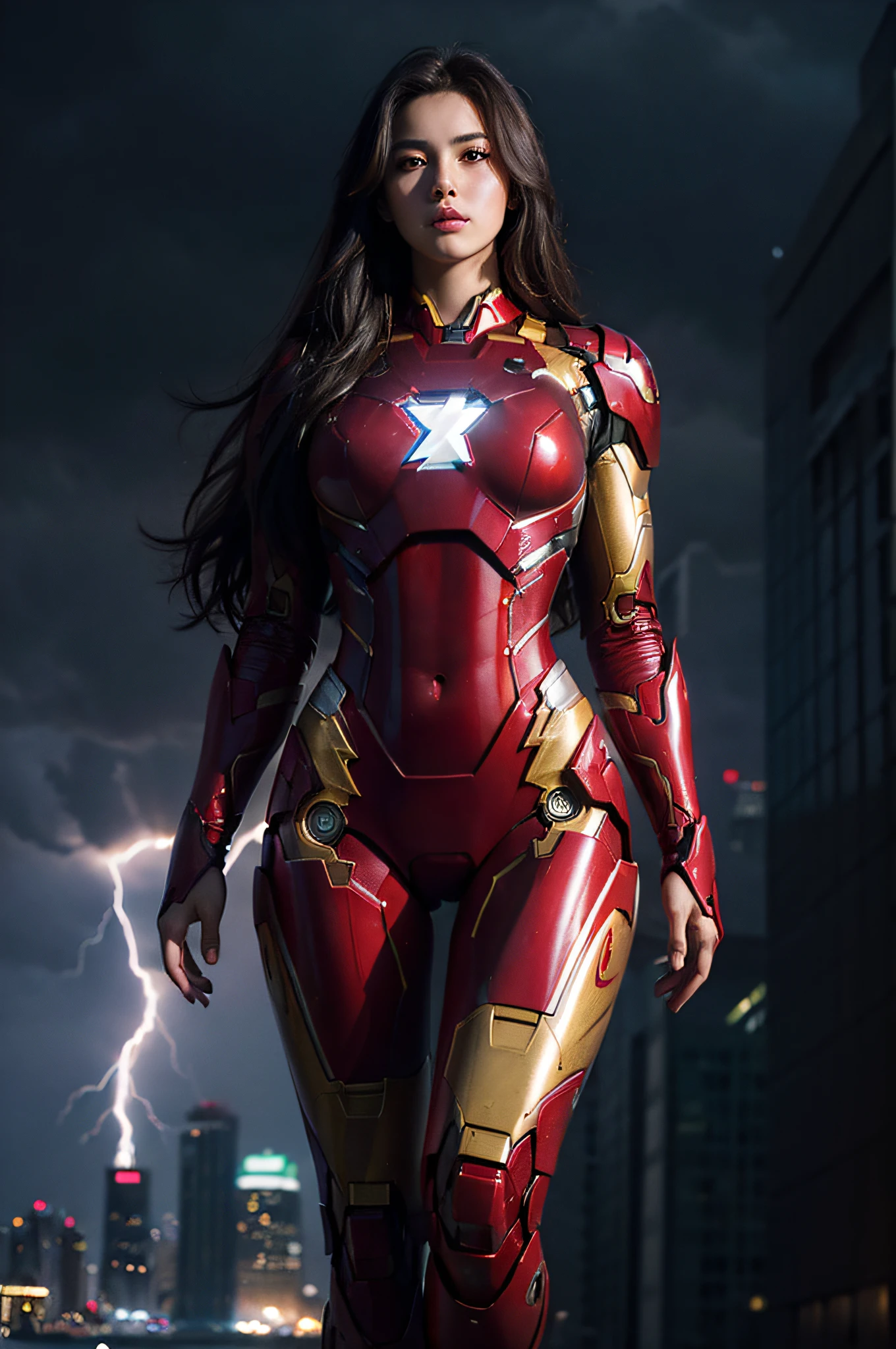 Top Quality, Masterpiece, (Photorealistic:2), Ultra High Definition, Ultra Realistic, 1girl, Beautiful Face, Pretty Face, (Big: 1.5), Iron Man Suit with Open Chest, Long Legs, Dark Brown Shoot Hair, ((Slim Body)),Full Shot, New York Night Looking at the Sky, City, Rain, Cyberpunk Atmosphere, Dark Scene, Dark Atmosphere, bright neon, fog, cloudy, ((lightning)), detailed background, view from below,