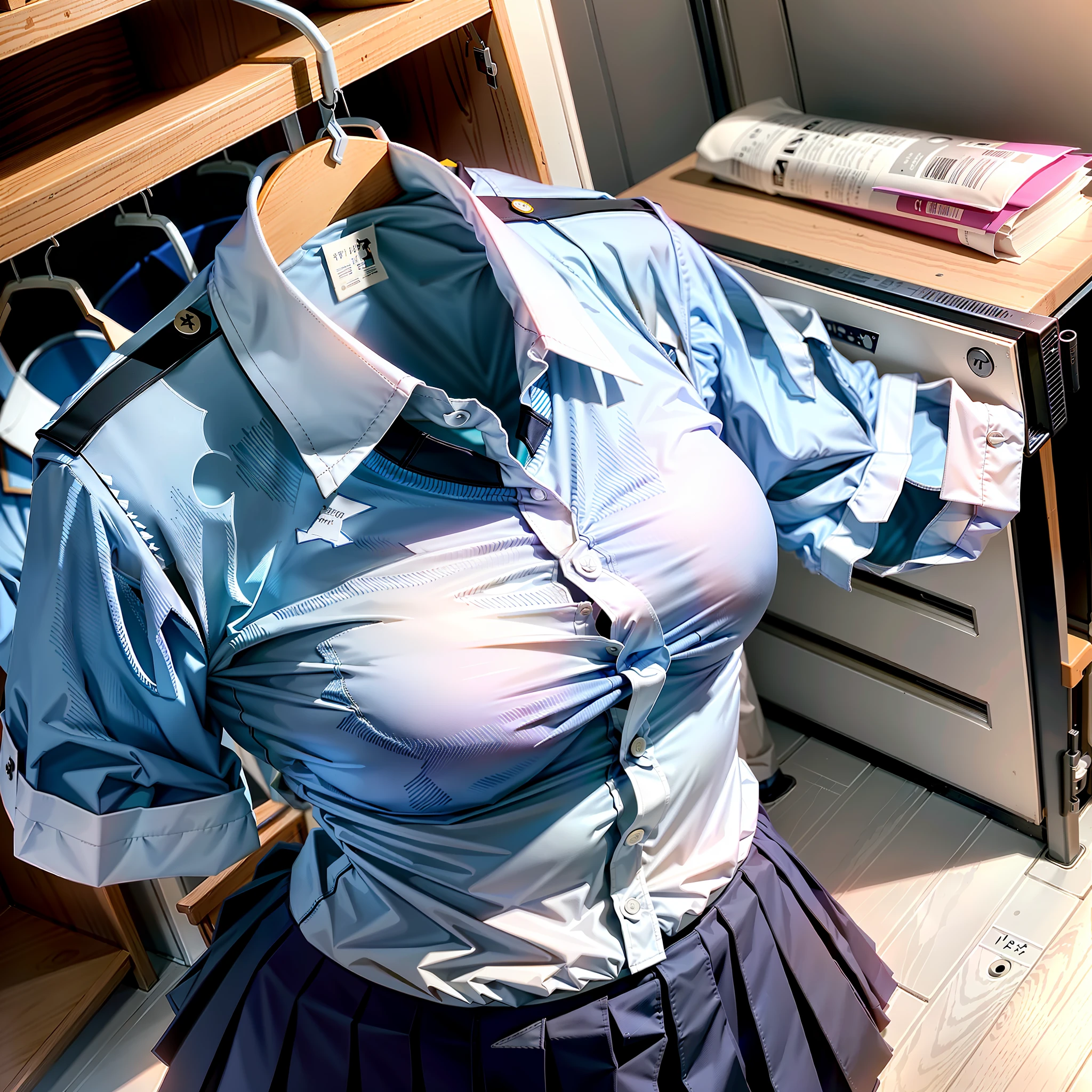 hanger school uniforms in closet raise their sleeves as if invisible girl wear it, school uniforms swells as if possessed by invisible girls, school uniforms have huge breasts and cleavage, (((no humans))), (headless), faceless, invisible girls, from above, (hanger), short sleeves
