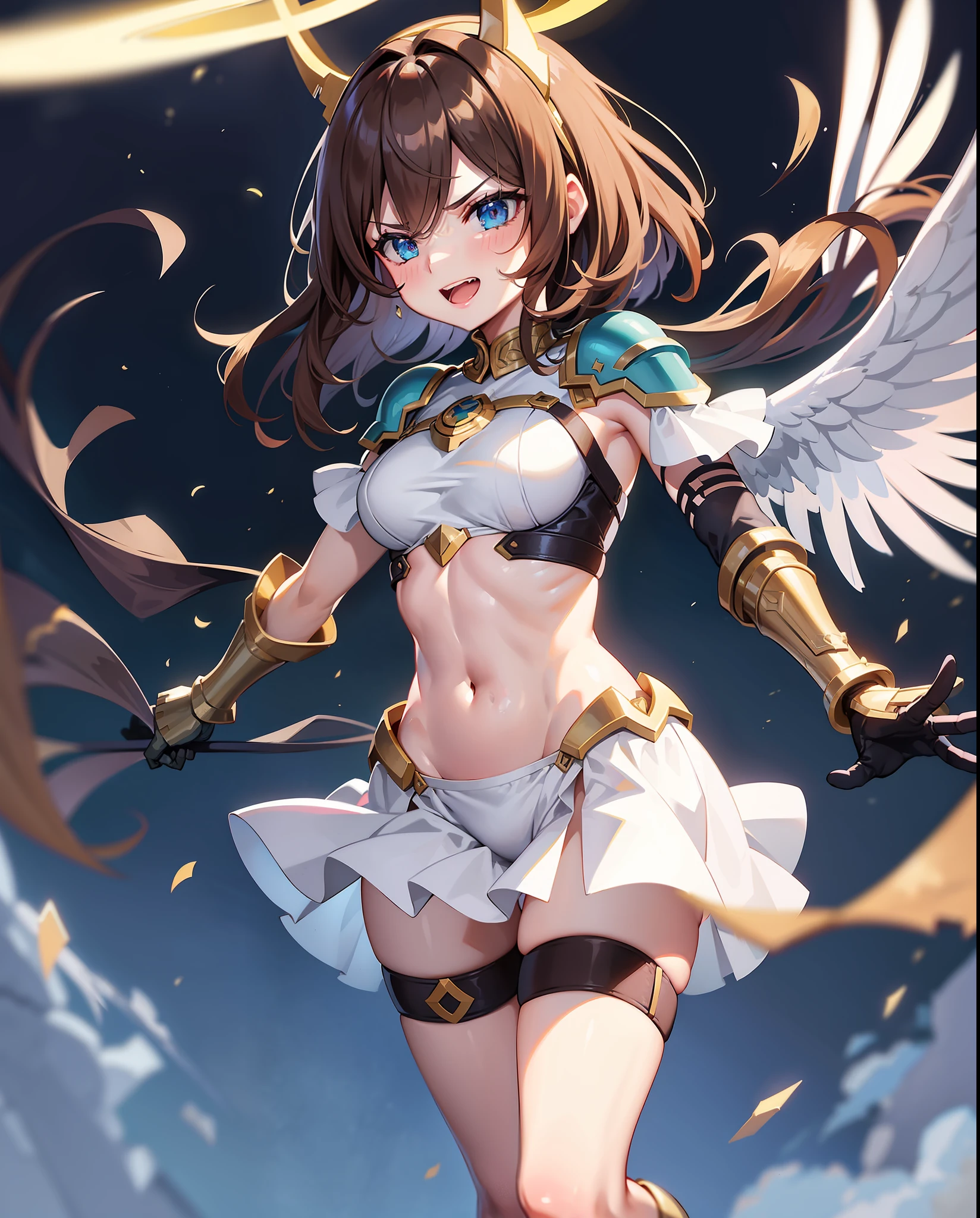 fantasy, 1angel_girl, loli,brown_hair, medium_bob_hair, long_bangs, halo,bare_shoulder, thigh,silver_armor, blue_clothes,waist_armor, large_breasts,angry,grinning,open_mouth_teeth, 1pair_wings, dynamic_pose_fighting,floating, bare_crotch, headgear,gauntlet, greaves,city_sky_background,slightly_spread_legs, solo