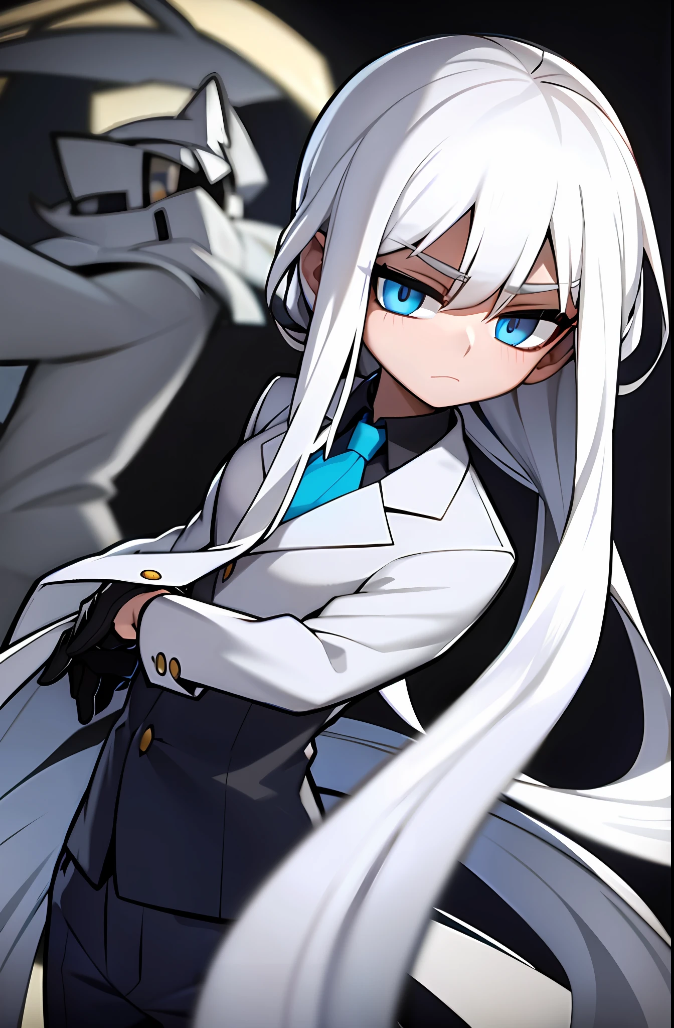 white hair, super long, blue eyes, sagging eyes, cute, suit