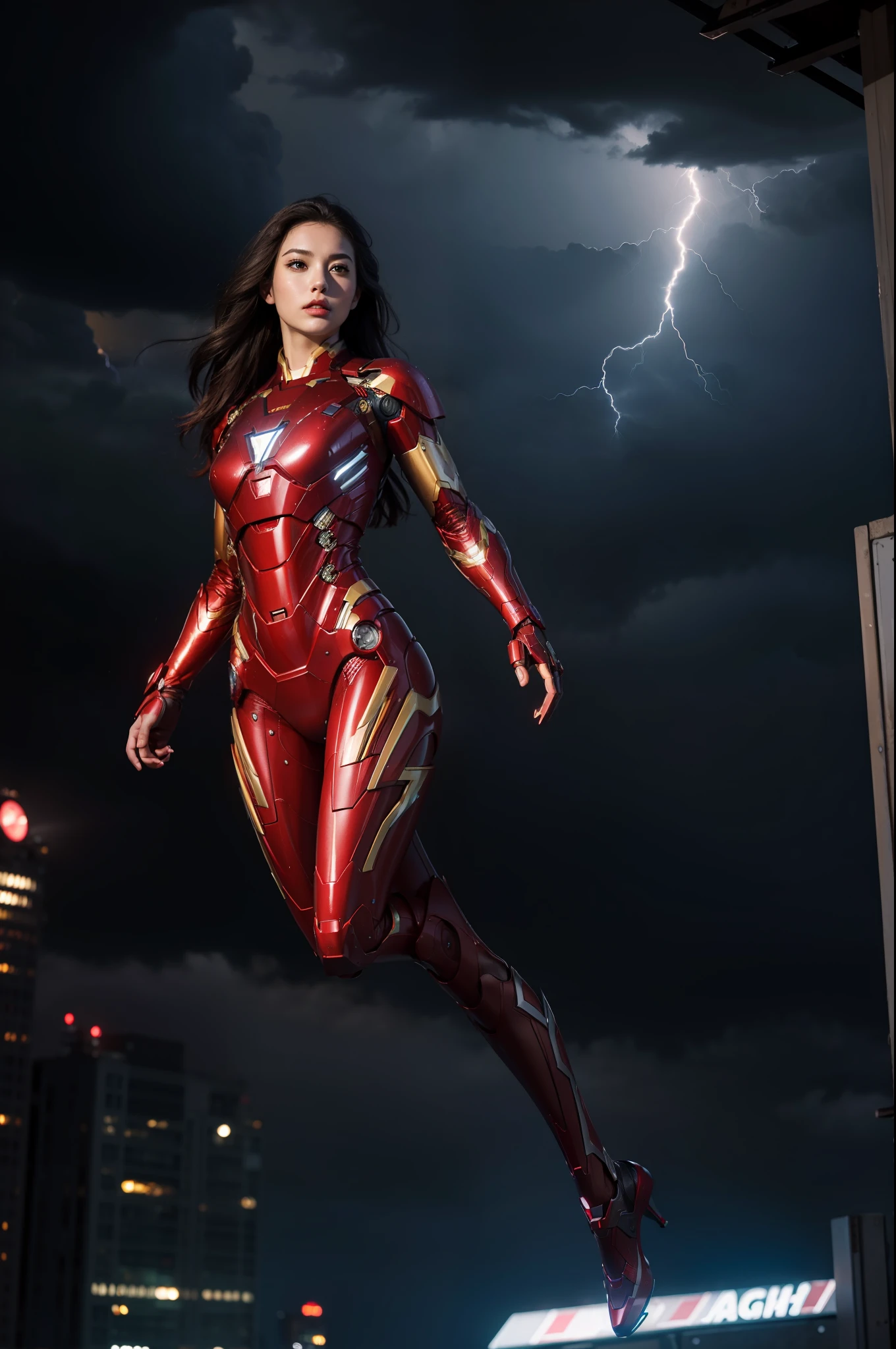 Top Quality, Masterpiece, (Photorealistic:2), Ultra Definition, Ultra Realistic, 1girl, Beautiful Face, Pretty Face, (Big: 1.5), Iron Man Suit with Open Chest, Long Legs, Dark Brown Shoot Hair, ((Slim Body)),Full Shot, Standing Pose, Looking at the Sky, Trying to Jump Out New York Night, City, Rain, Cyberpunk Atmosphere, Dark Scene, dark atmosphere, bright neon, fog, cloudy, ((lightning)), detailed background, view from below,