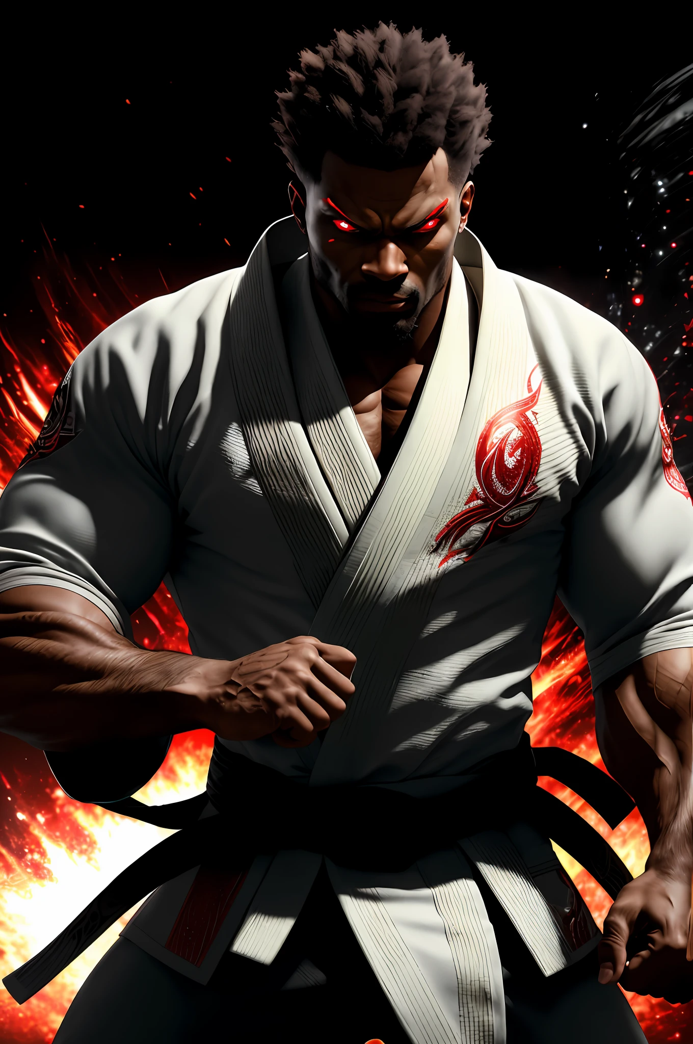 extremely detailed 8k wallpaper), intricate, richly detailed, dramatic, (Man strong skin tone chocolate with white jiu-jitsu kimono), Tekken style, ready for combat, Sinister face is drawn with only a pair of red eyes peeking underneath, graphics insanely, light is reflected in the ornaments, dark, show the whole person with some distance from the surroundings to get your own license.