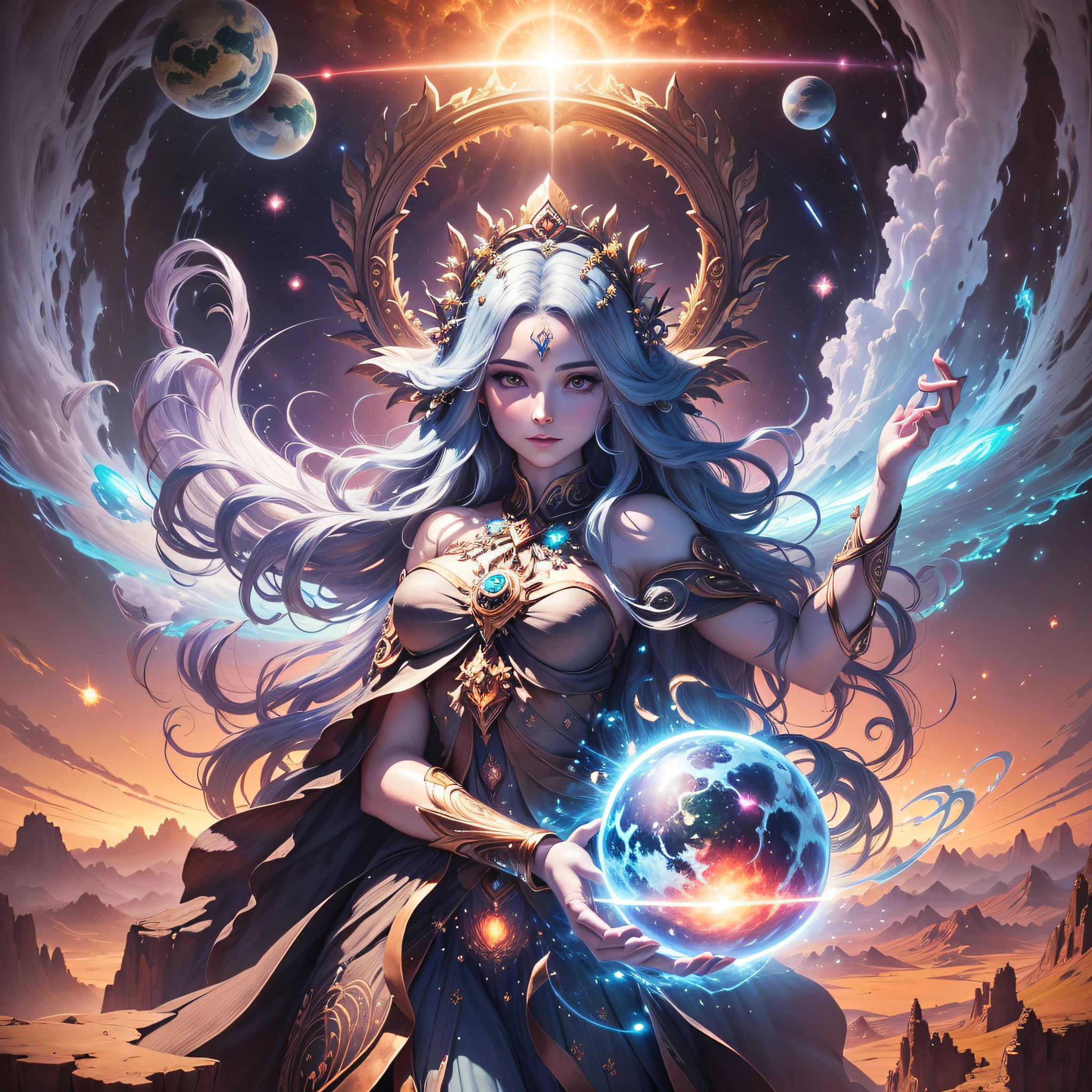 (best quality, amazing drawing, best illustration, central figure: Gaia (primordial goddess of Earth), powerful, glowing particles, planet in hand, raising arms (showing strength and control), fantastic landscape, dramatic sky, epic feeling)