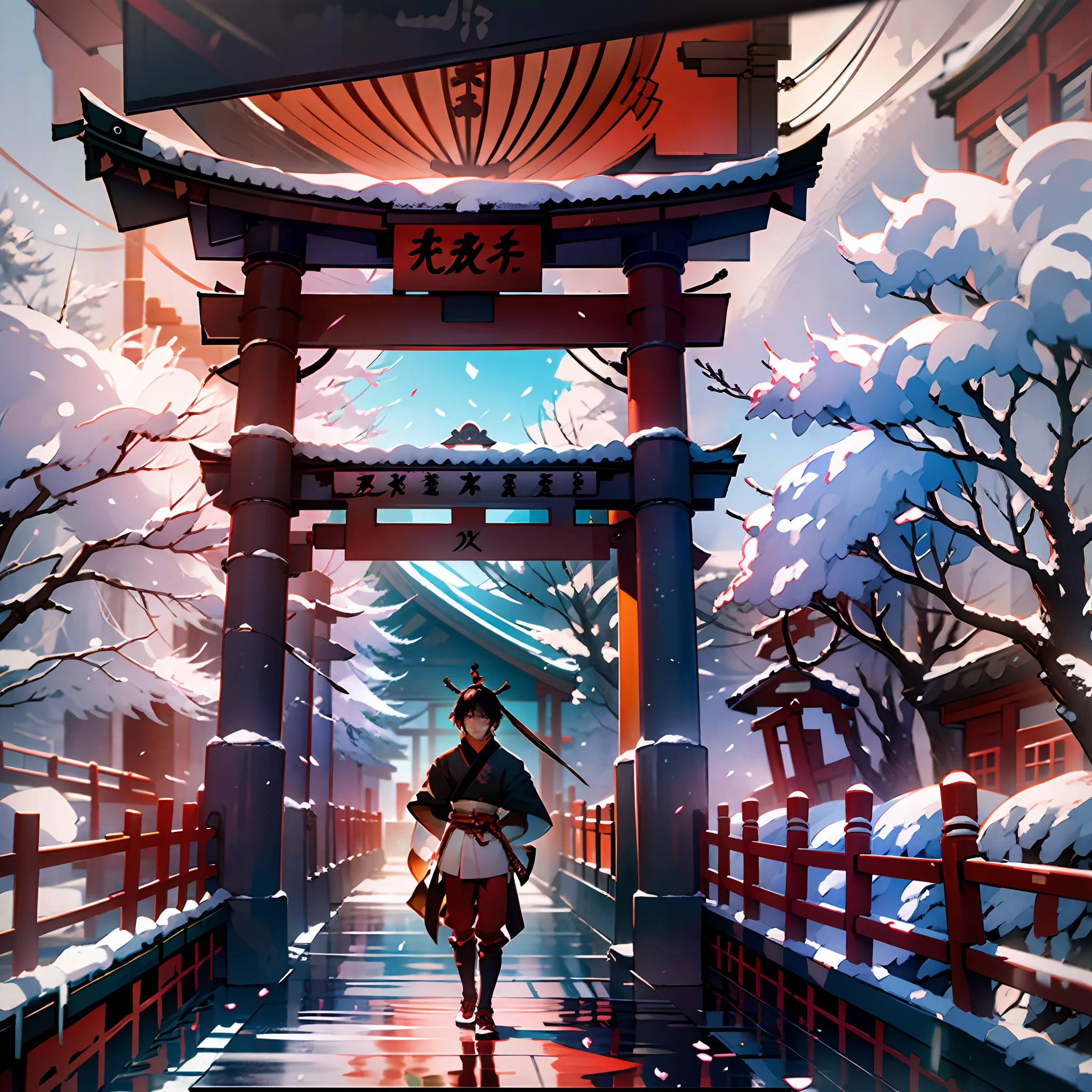 Samurai standing in front of a torii gate with the rising sun in a blizzard of cherry blossoms --auto --s2