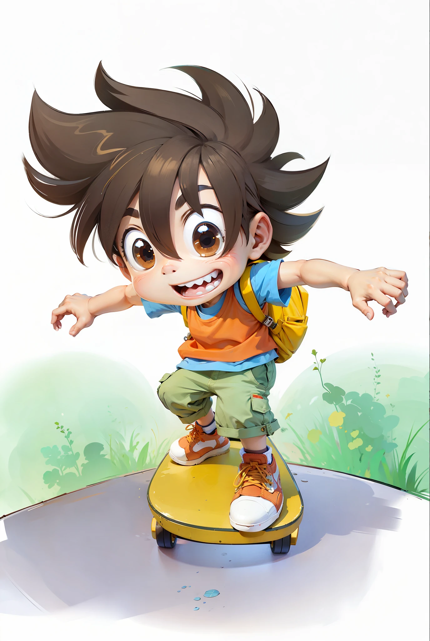 A cool skateboarding little boy with brown hair, smile, perfect limbs, correct anatomical deconstruction, perfect fingers, orange vest, MUJI blue short sleeve t-shirt, green pants, red sneakers, back yellow daddy backpack, 8K, realism, background blur, soft light