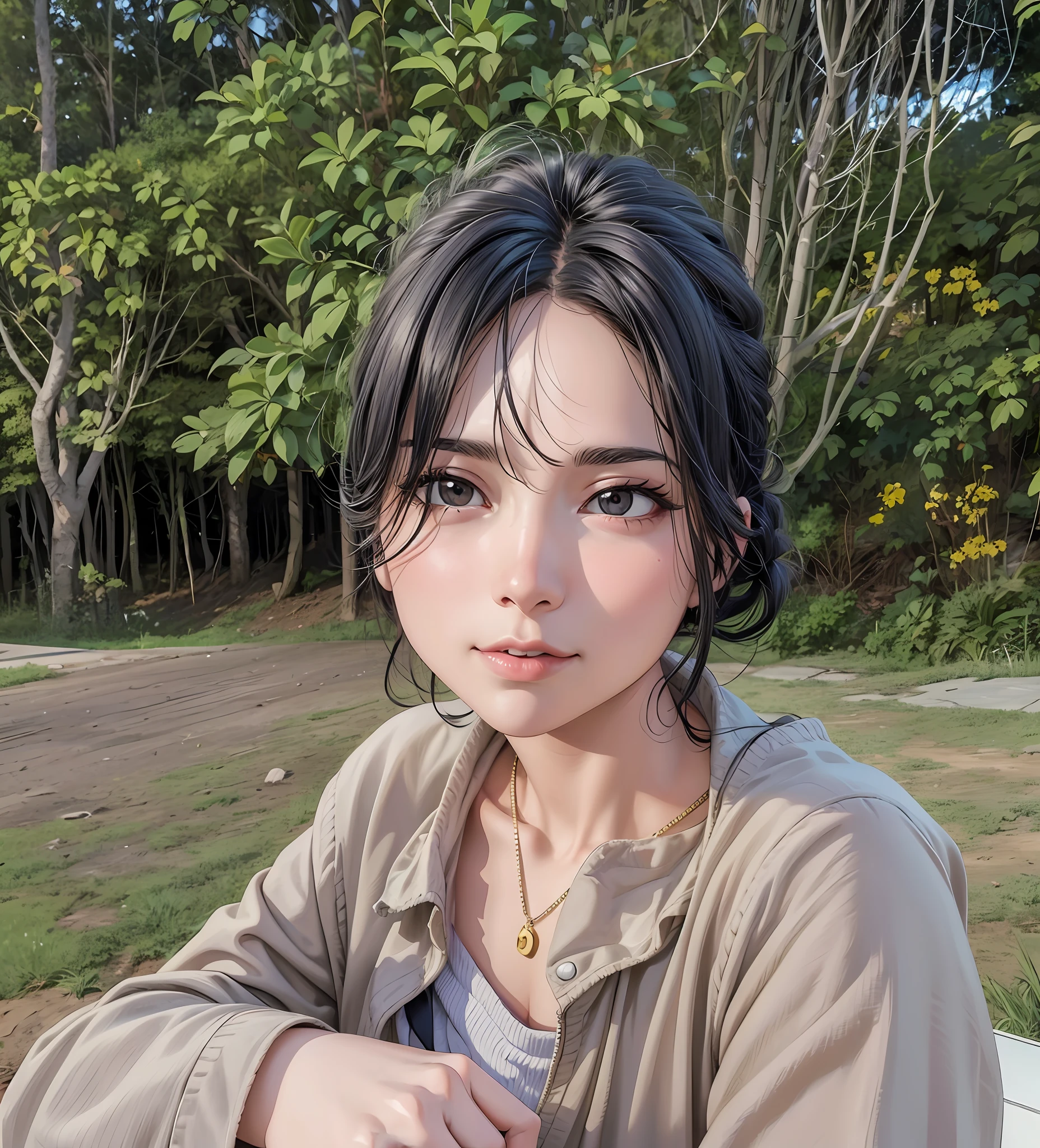 (8k, RAW photo, best quality, masterpiece: 1.2), (anime: 1.37), (best quality), super high resolution, extremely detailed CG Unity 8k wallpaper, physically based rendering, cinematic lighting, she has black hair, bangs, (black eyes: 1.6), smile, (closed mouth: 1.5), looking at the observer, (clear fingers: 1.4), background anime style woods