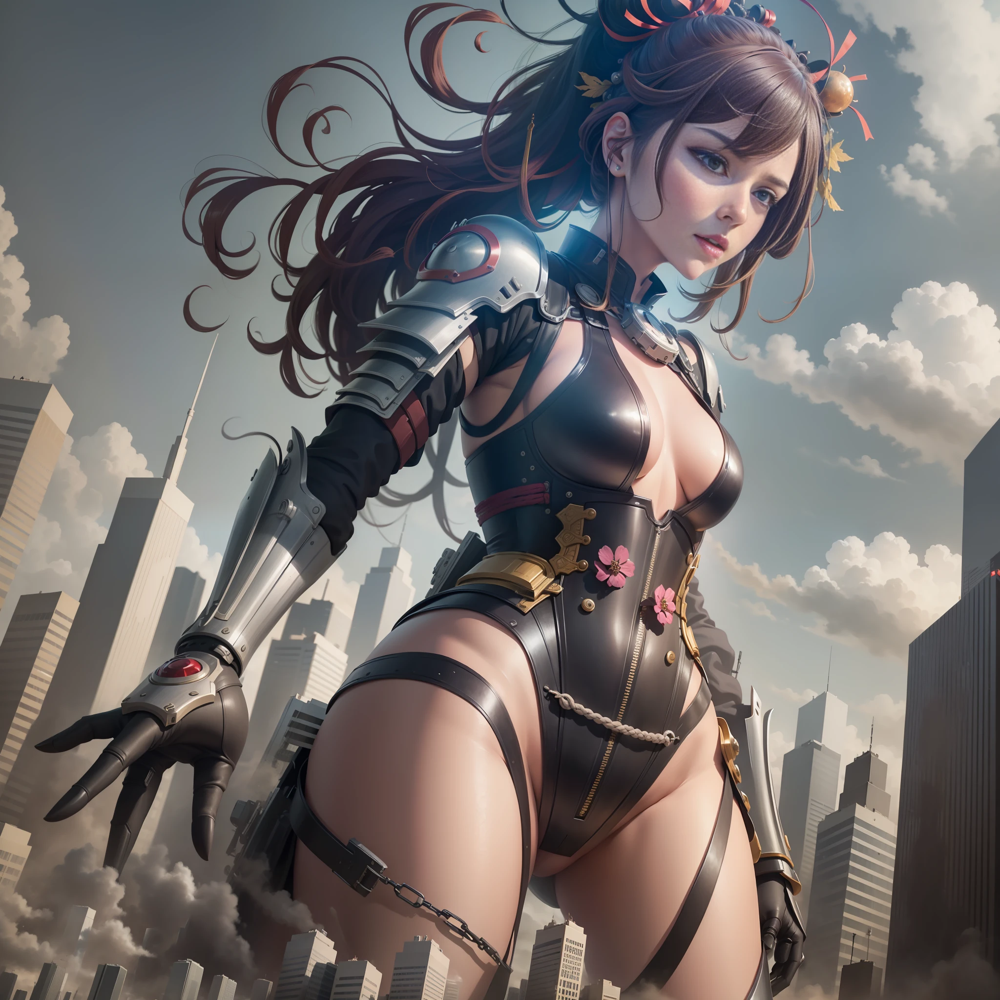 The giantess wears a mechanical exoskeleton samurai suit and tramples wantonly on the battlefield