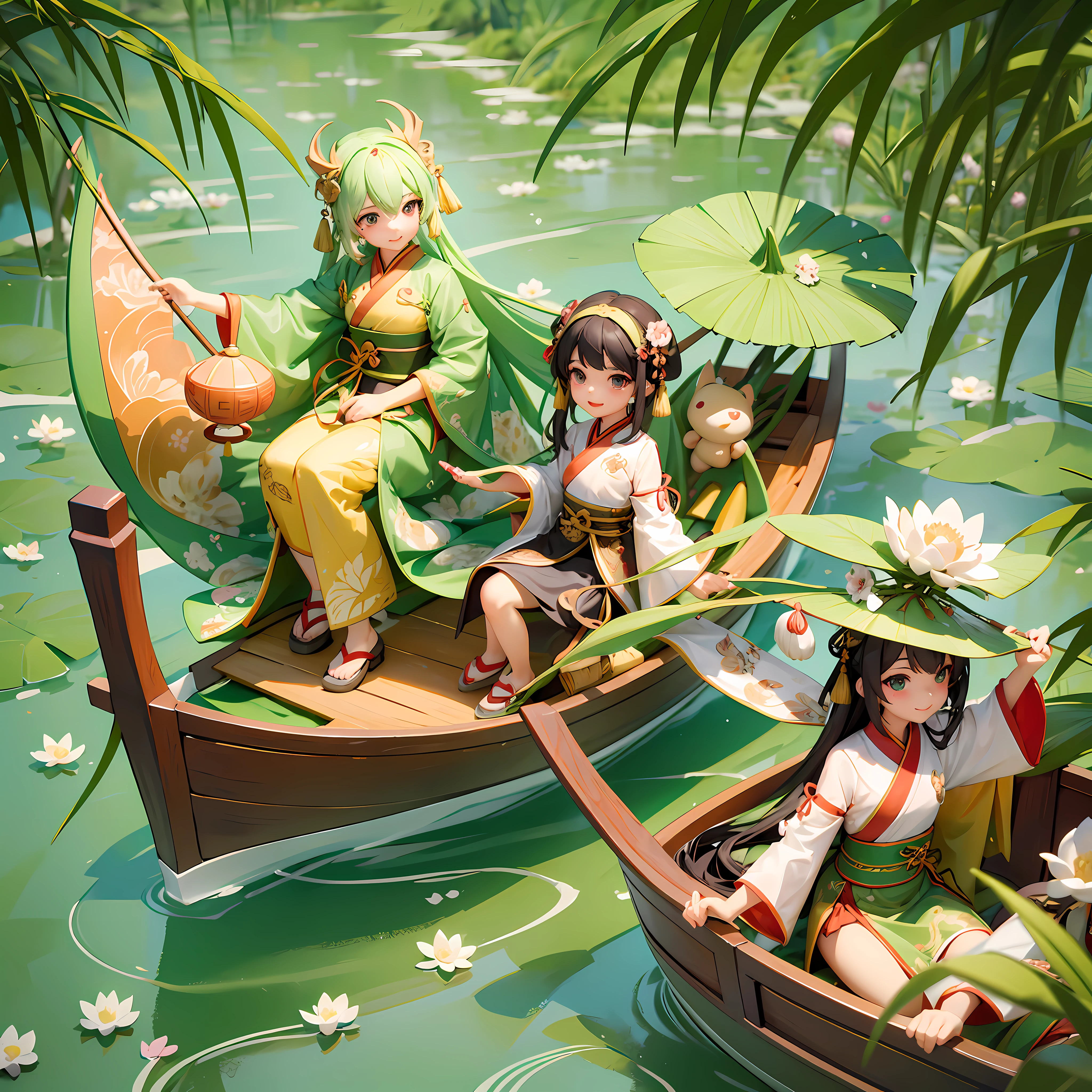 Masterpiece, highest quality, Chinese traditional festival Dragon Boat Festival, flying dragon in the sky, on a day on a huge dragon boat (boat), a lively and cute little dragon and a group of cute children in Hanfu sitting on a wooden boat, big eyes, cute toothy smile, hanging zongzi and wormwood on the boat, zongzi is a triangular food wrapped in green bamboo leaves, tied with thick lines outside, the bow of the boat is made into the shape of a dragon's head, lotus leaves, lotus flowers, pennants, the picture is written with the four art characters of Dragon Boat Ankang, Pixar style combined with Tang Dynasty style, dynamic picture, The lively atmosphere, green pictures, and the cool feeling of summer