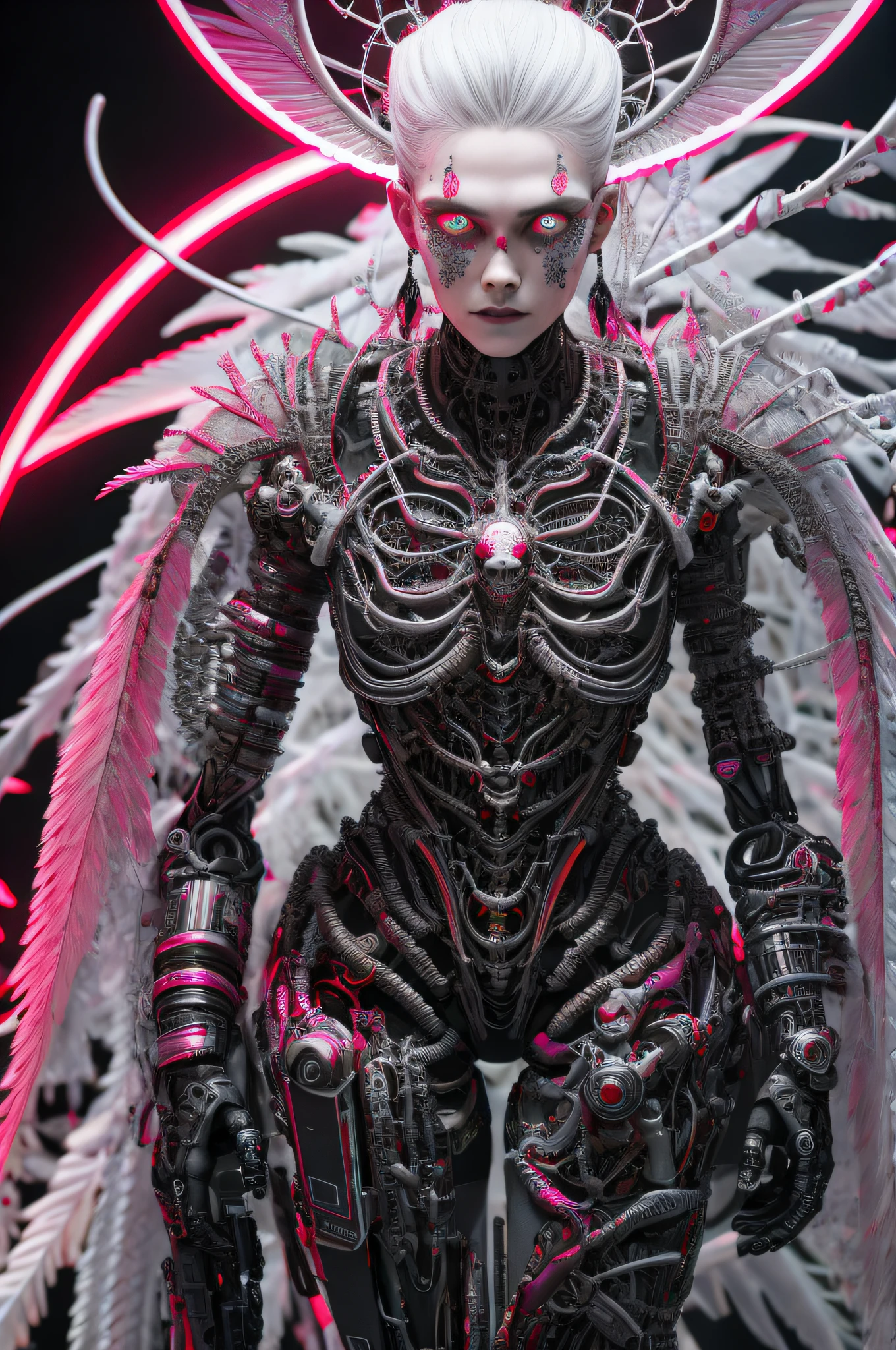 complex 3d render ultra detailed beautiful death angel, biomechanical cyborg, analog 150 mm lens, beautiful natural soft rim light, neon vein, roots, fine foliage lace, colorful details, look to the camera, Boris Bidjan Saberi outfit, pearl earrings, piercing, art gothic fashion embroidered, intricate details, mesh wire, mandelbrot fractal, facial muscles, cable wires, microchip, badass, hyper realistic, ultra detailed, octane render, volumetric lighting, 8k post-production, red and white with a bit of black, detailled metalic bones, semi human, iridescent colors, Glenn Brown style, futuristic room, power of the god, high-angle shot, complex body poses