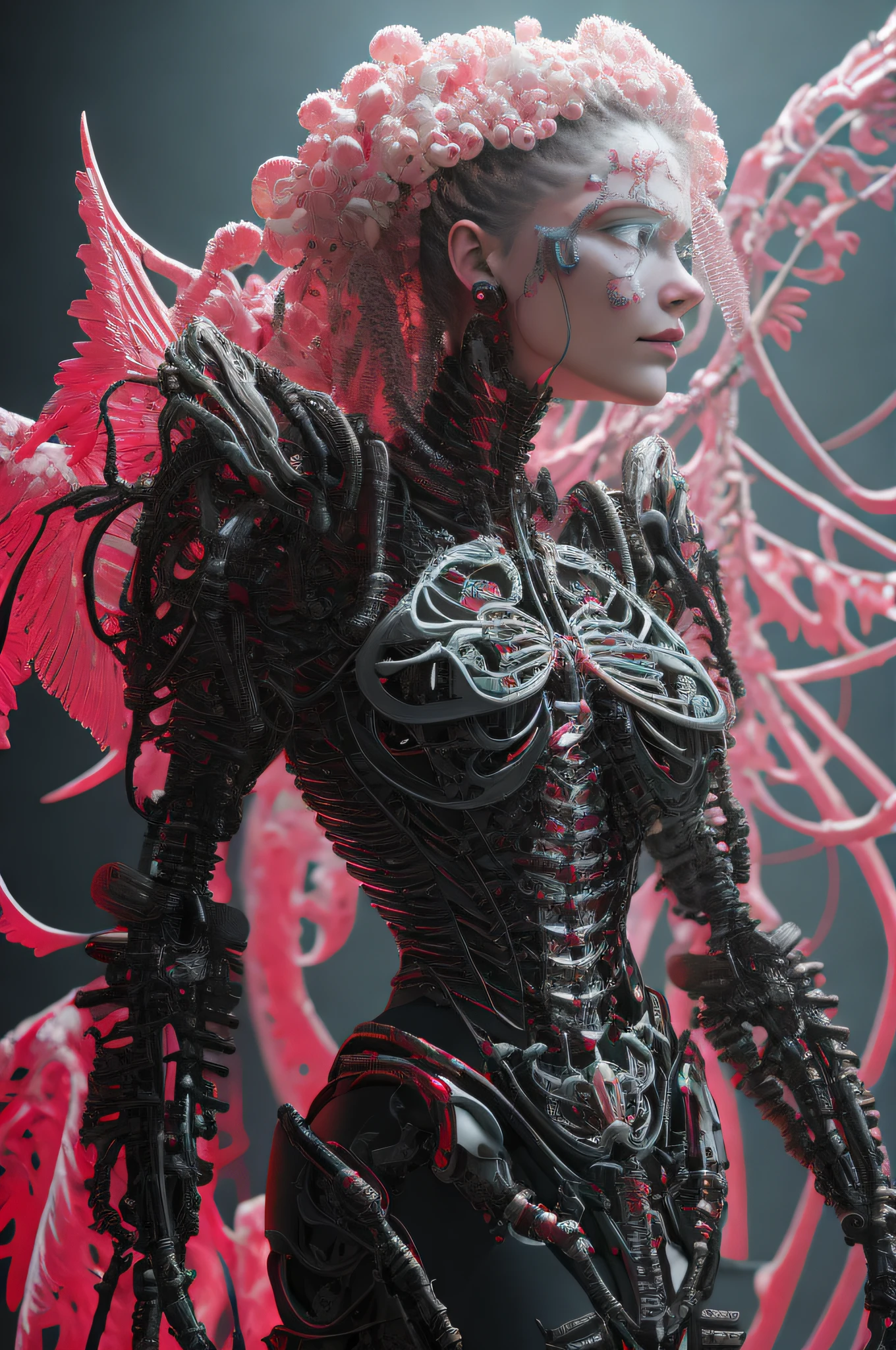 complex 3d render ultra detailed beautiful death angel, biomechanical cyborg, analog 150 mm lens, beautiful natural soft rim light, neon vein, roots, fine foliage lace, colorful details, look to the camera, Boris Bidjan Saberi outfit, pearl earrings, piercing, art gothic fashion embroidered, intricate details, mesh wire, mandelbrot fractal, facial muscles, cable wires, microchip, badass, hyper realistic, ultra detailed, octane render, volumetric lighting, 8k post-production, red and white with a bit of black, detailled metalic bones, semi human, iridescent colors, Glenn Brown style, futuristic room, power of the god, high-angle shot, complex body poses