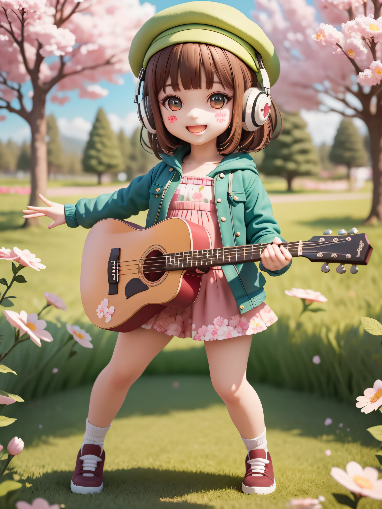 (masterpiece),(best quality),(ultra-detailed), (full body:1.2),
1girl,chibi,cute, smile, open mouth,
flower, outdoors, playing guitar, music, beret, holding guitar, jacket, blush, tree, :3, shirt, short hair, cherry blossoms, green headwear, blurry, brown hair, blush stickers, long sleeves, bangs, headphones, black hair, pink flower,
(beautiful detailed face), (beautiful detailed eyes),