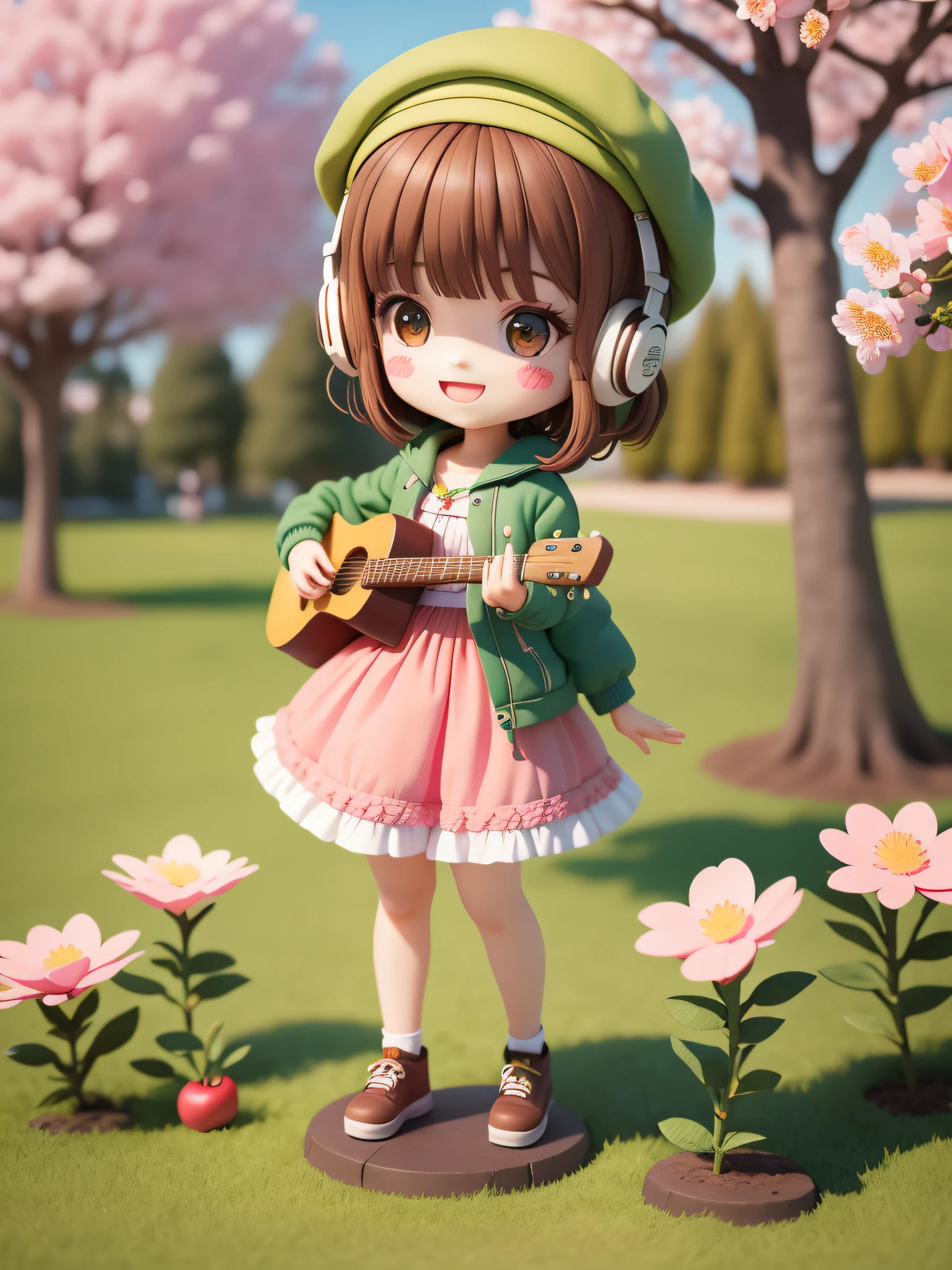 (masterpiece),(best quality),(ultra-detailed), (full body:1.2),
1girl,chibi,cute, smile, open mouth,
flower, outdoors, playing guitar, music, beret, holding guitar, jacket, blush, tree, :3, shirt, short hair, cherry blossoms, green headwear, blurry, brown hair, blush stickers, long sleeves, bangs, headphones, black hair, pink flower,
(beautiful detailed face), (beautiful detailed eyes),