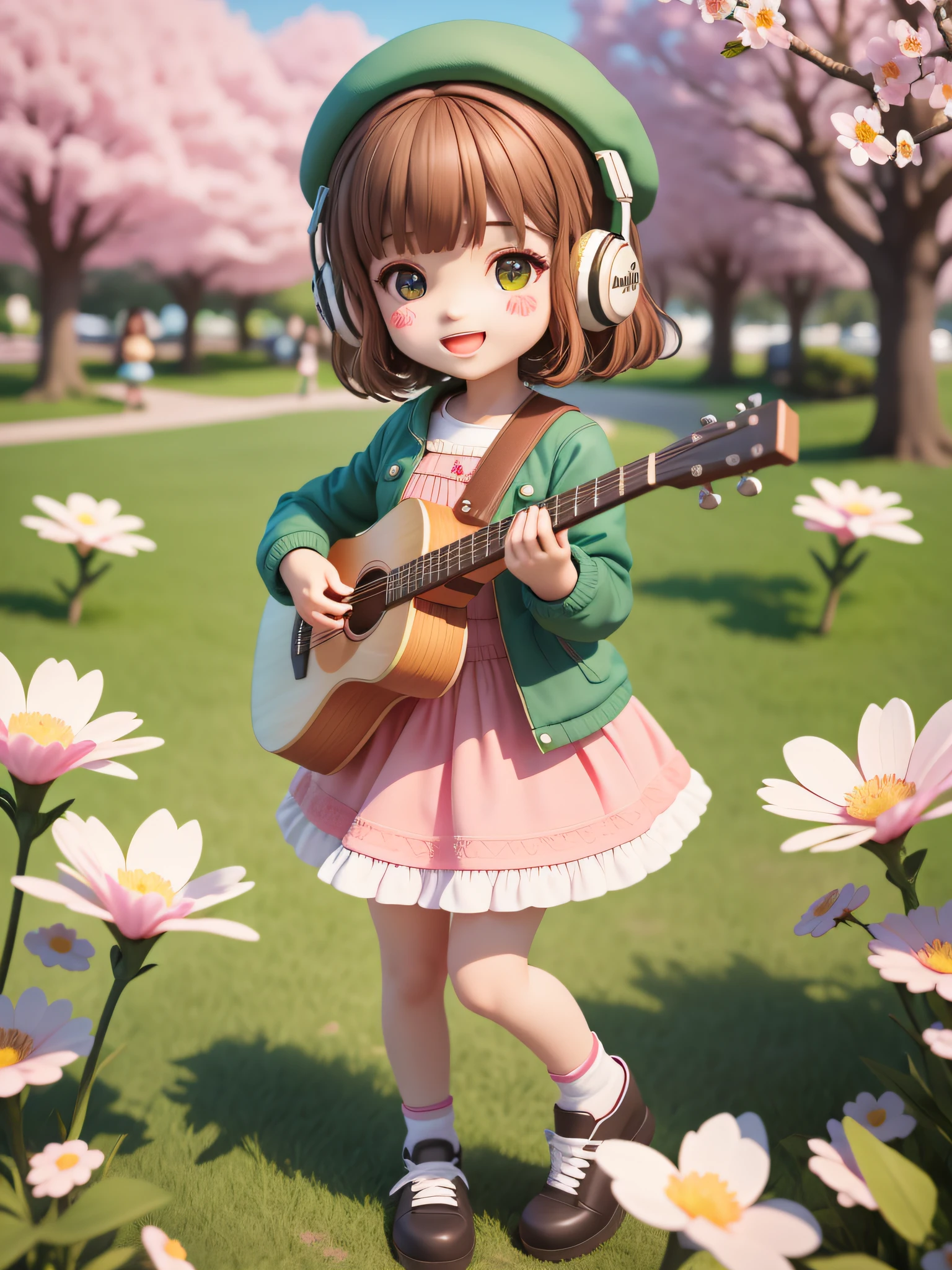 (masterpiece),(best quality),(ultra-detailed), (full body:1.2),
1girl,chibi,cute, smile, open mouth,
flower, outdoors, playing guitar, music, beret, holding guitar, jacket, blush, tree, :3, shirt, short hair, cherry blossoms, green headwear, blurry, brown hair, blush stickers, long sleeves, bangs, headphones, black hair, pink flower,
(beautiful detailed face), (beautiful detailed eyes),